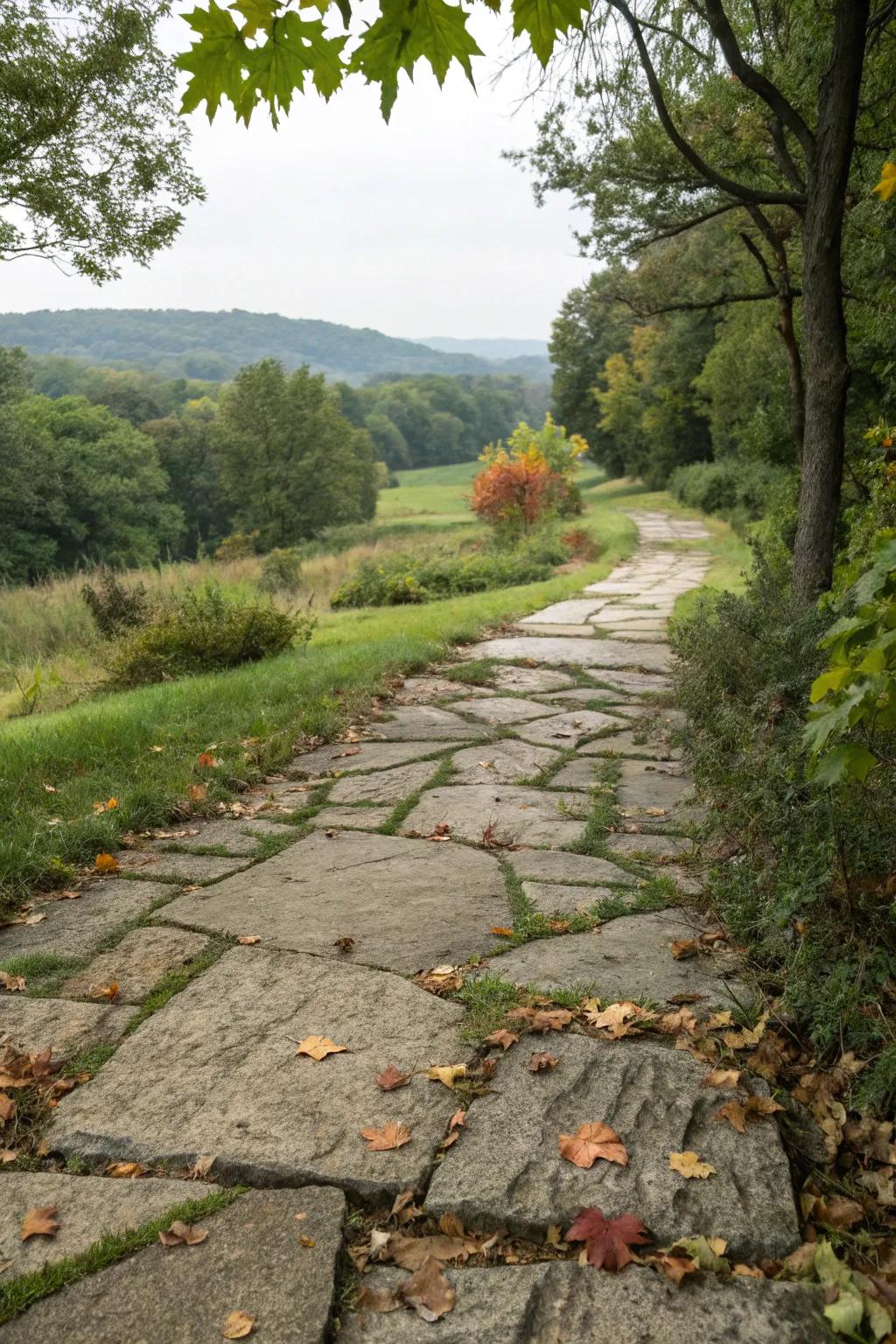 Excavation stone pavers provide a rugged and natural walkway.