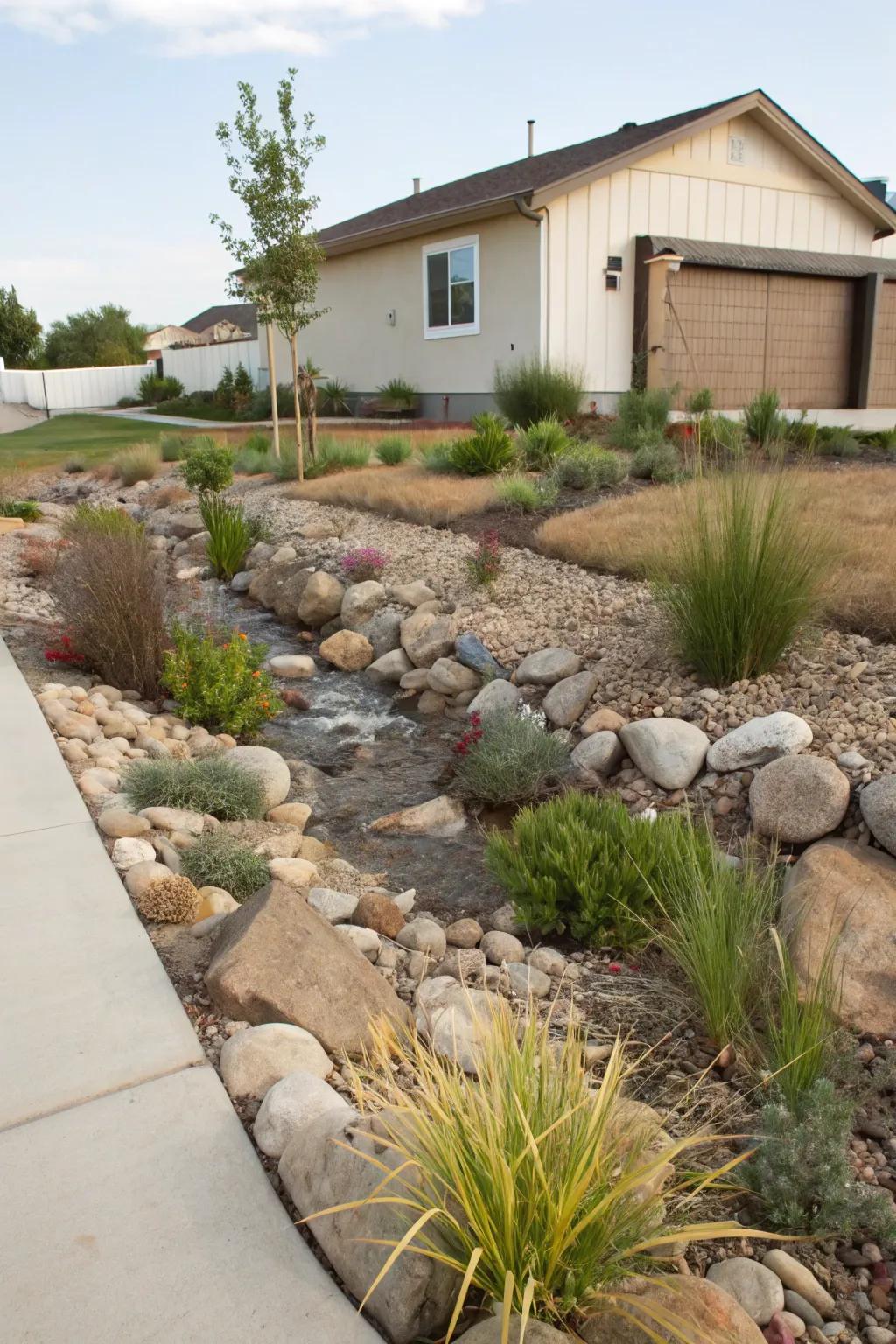 A bioswale and rain garden managing water efficiently and beautifully.