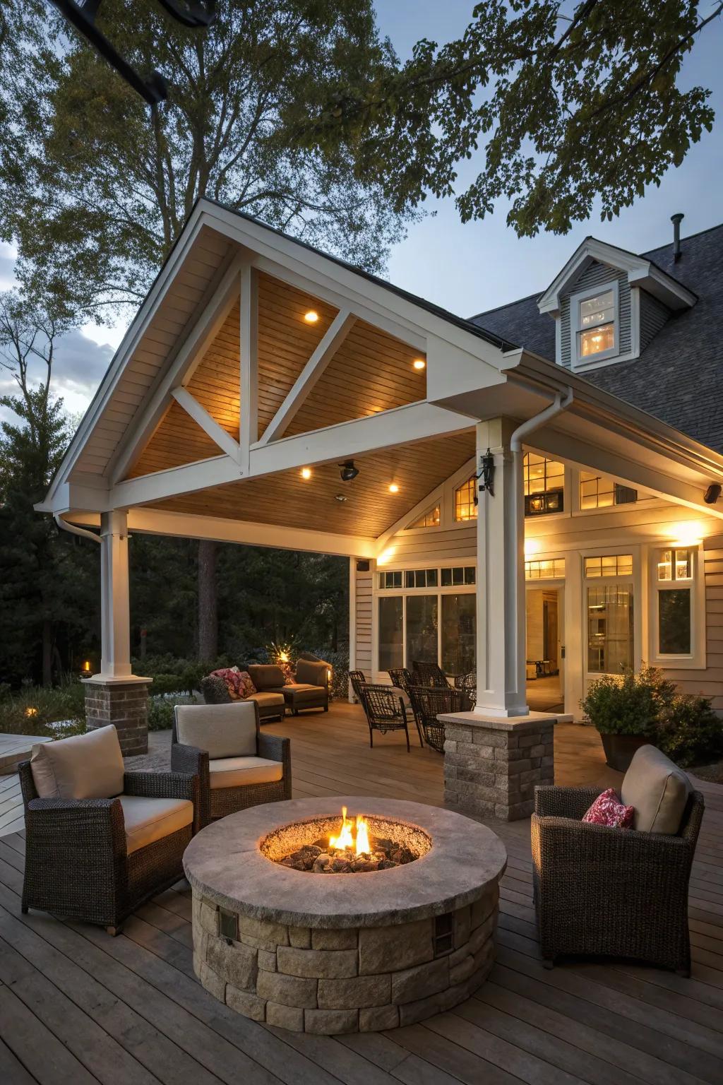 A fire pit changes the veranda into a warm gathering spot.