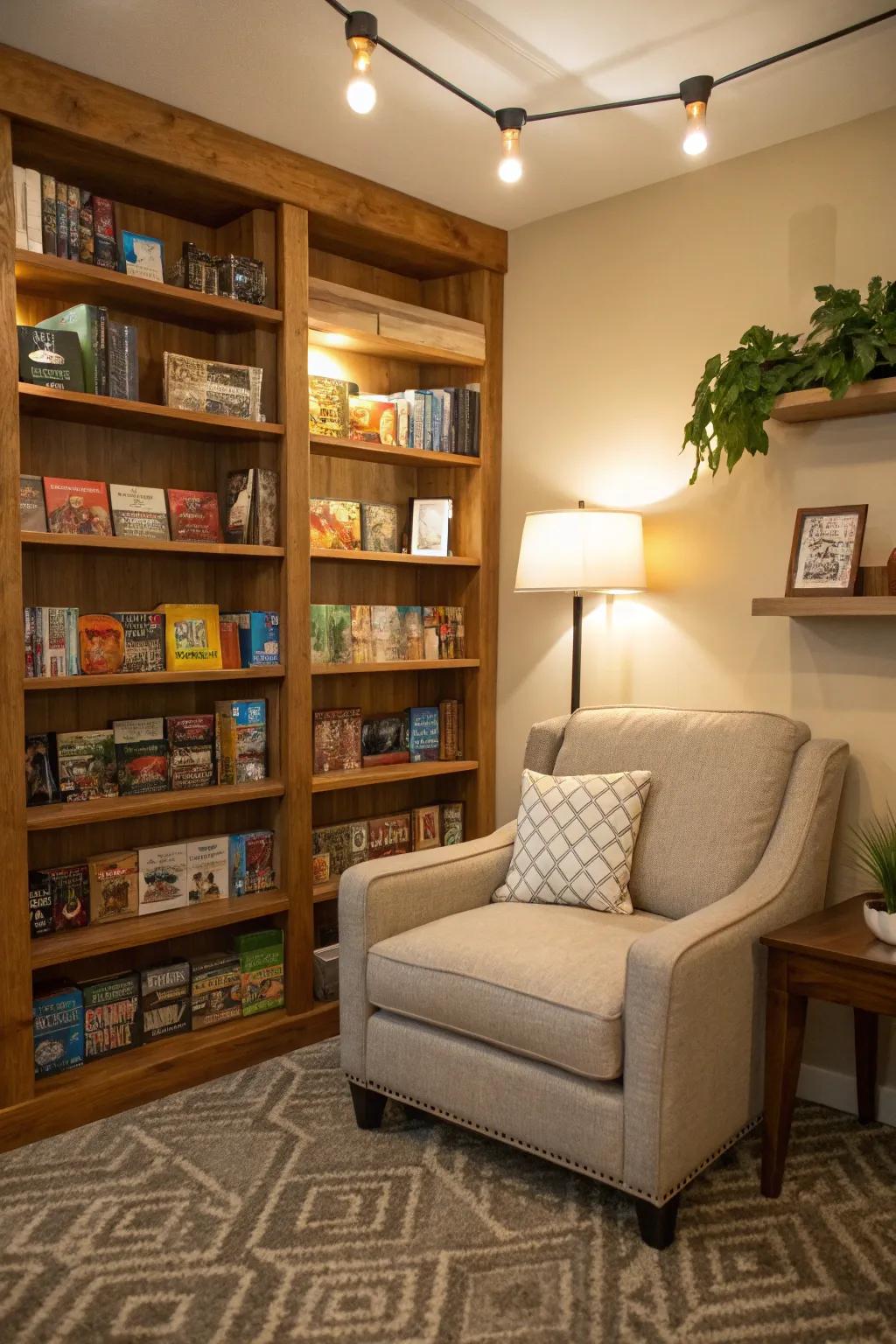 Corner-dedicated shelving skillfully utilizes all available space.