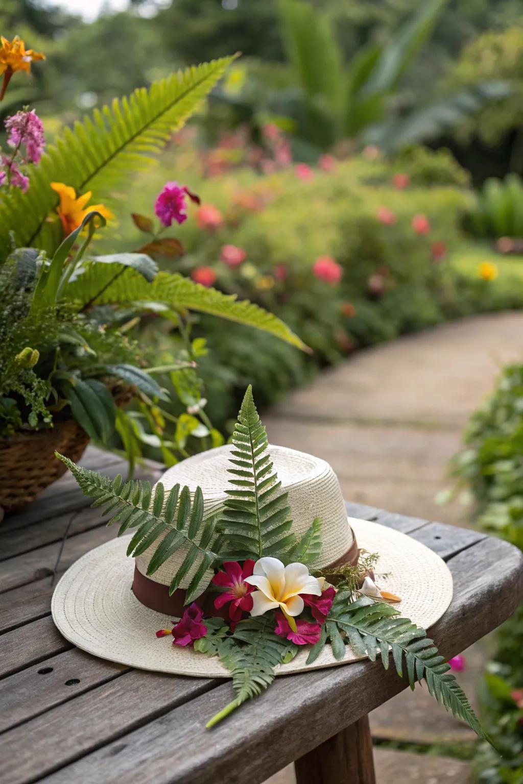 Rainforest getaway hat featuring lush tropical elements.