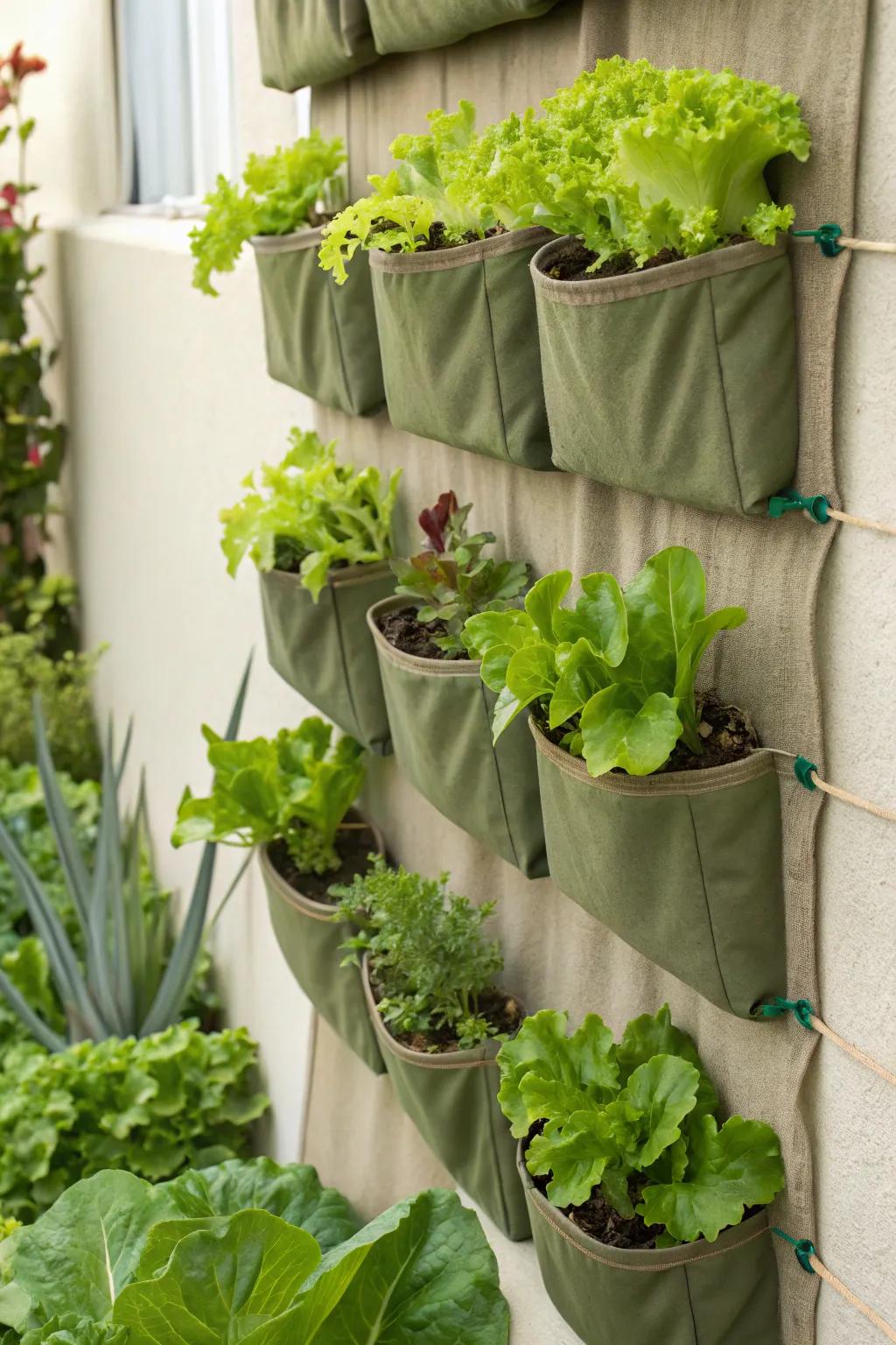 A pocket garden with fresh lettuce in fabric pockets.