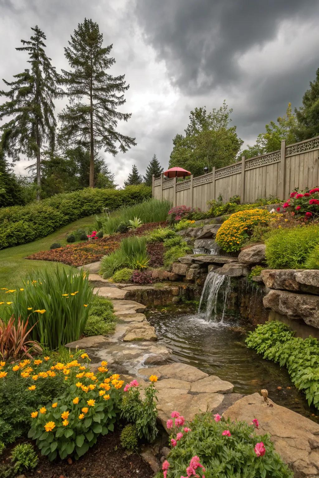 A miniature cascade appends soothing sounds and visual intrigue to a sloping garden.