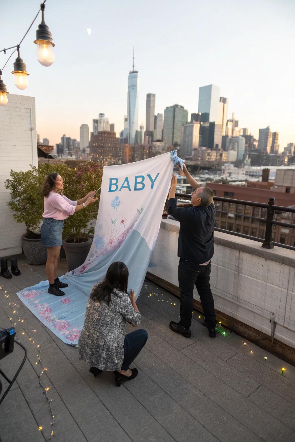 A bold banner reveal from the rooftop.