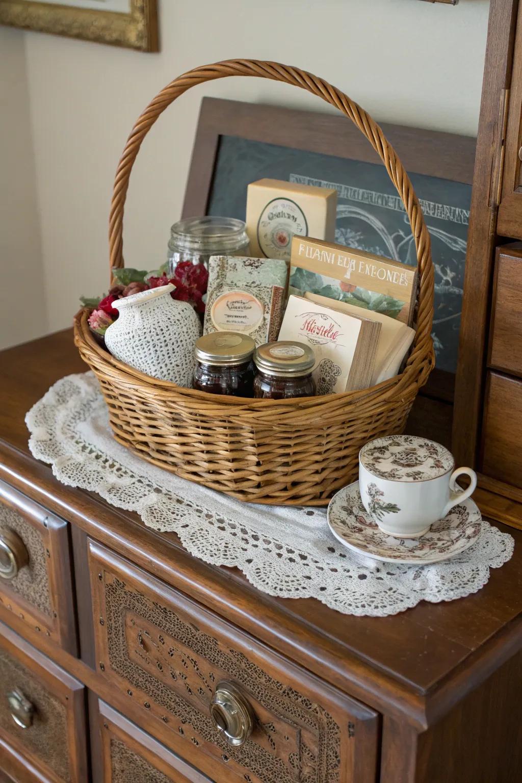 A vintage-themed gift basket exhibiting evocative components.