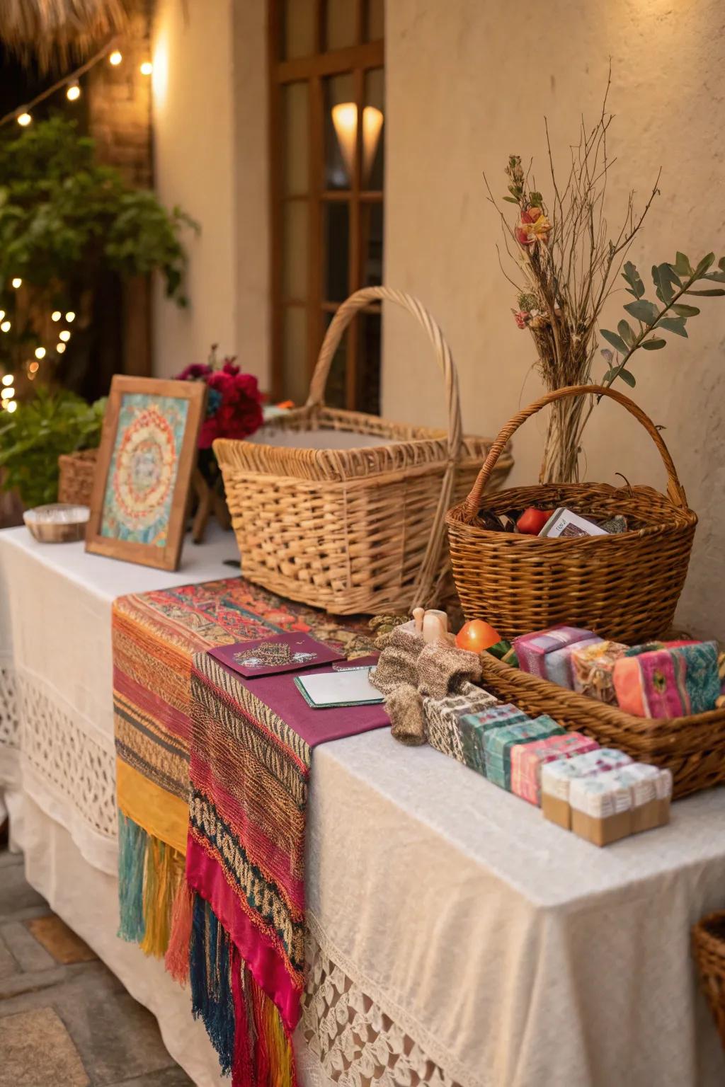 Achieve a boho vibe with woven containers and materials on your present setting.