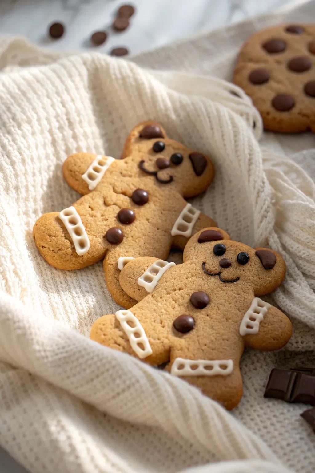 Teddy cub biscuits disseminating affectionate embraces.