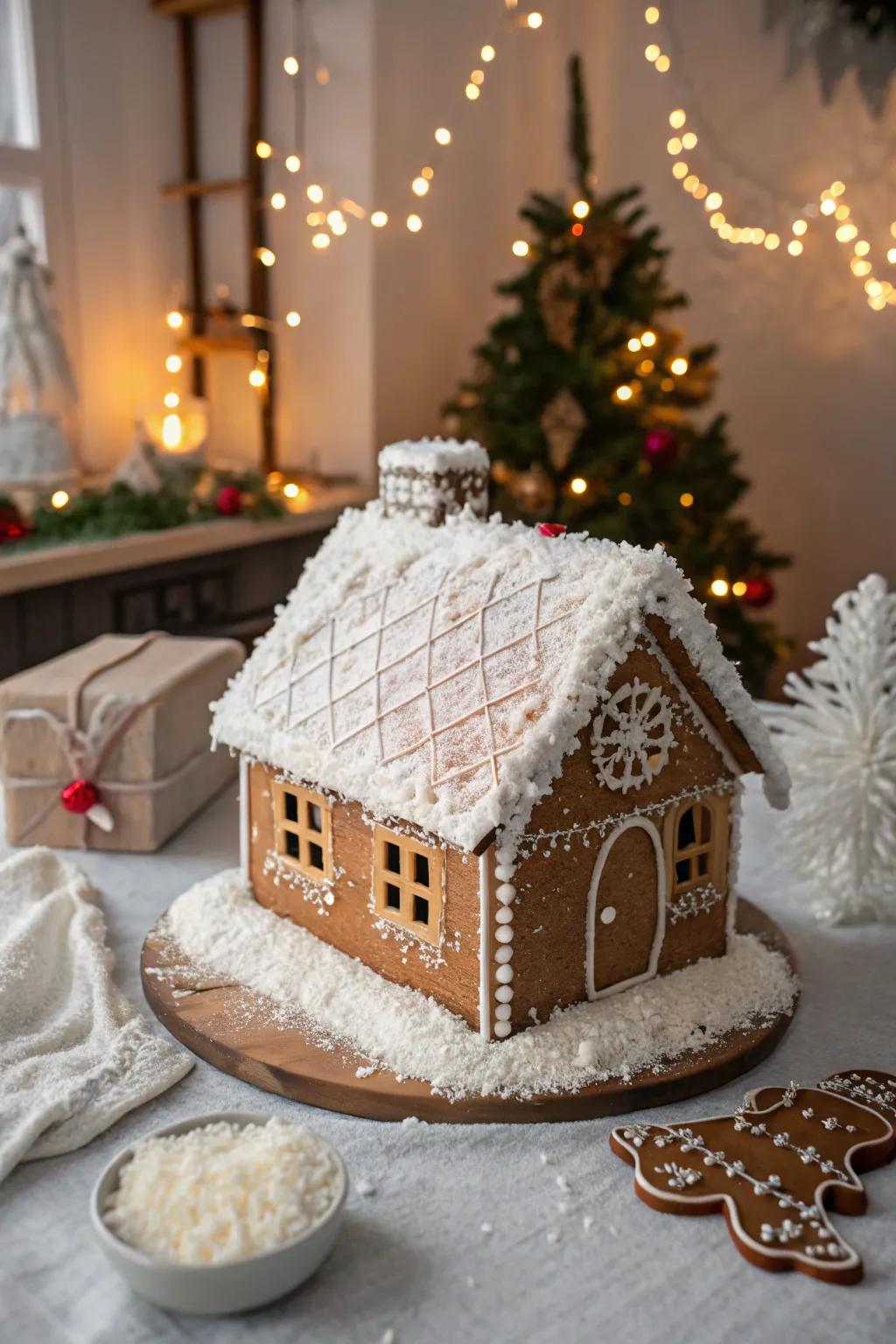 A desiccated palm snow-laden gingerbread peak.