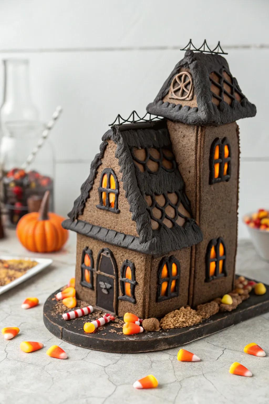 Embrace the spooky side of gingerbread with this elegantly eerie fright house design!