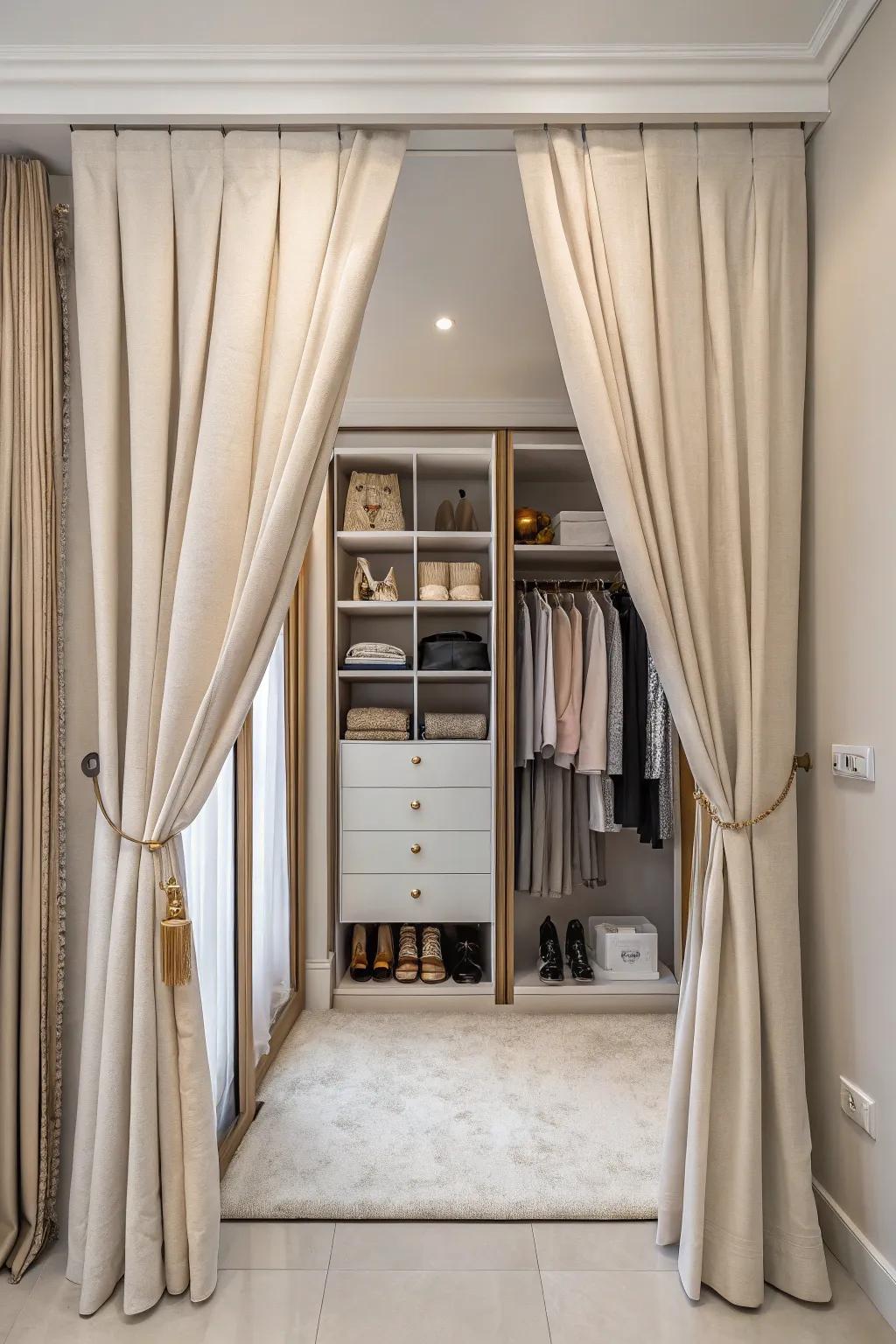 Drapes propose a stylish substitute to closet doors.