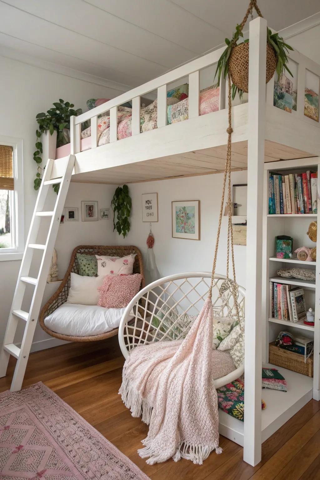 A suspended chair adds relaxation and whimsy.