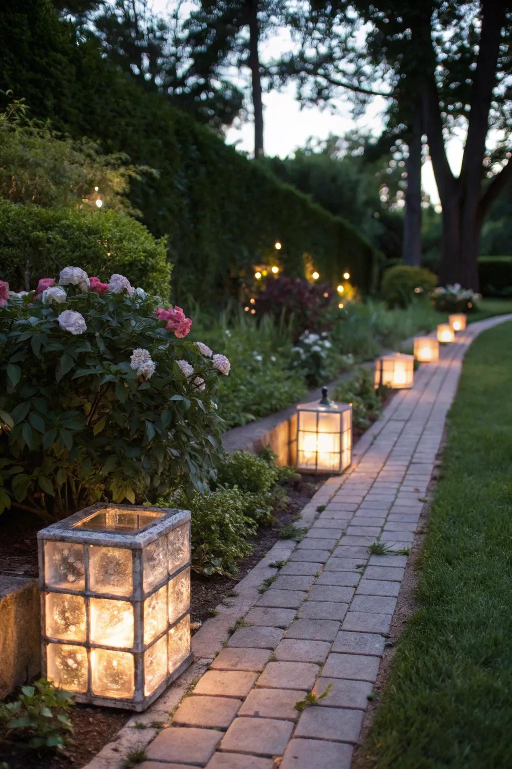 A garden trail exquisitely illuminated with transparent cubes.