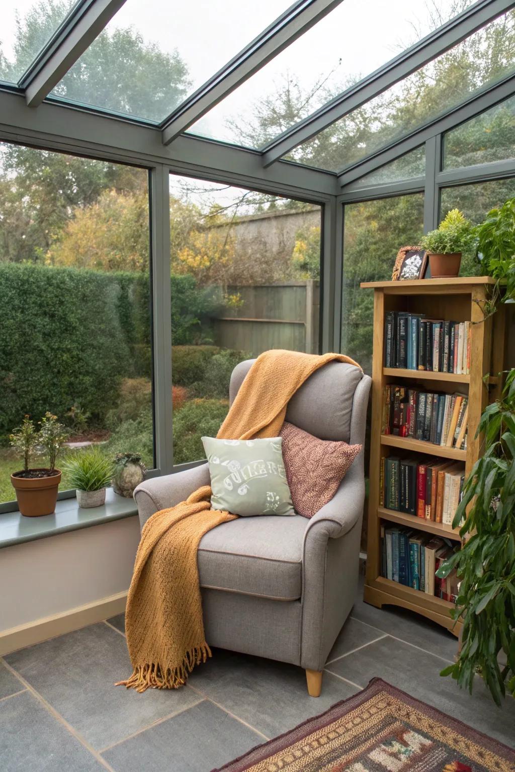 A snug reading corner reveling in ambient illumination.