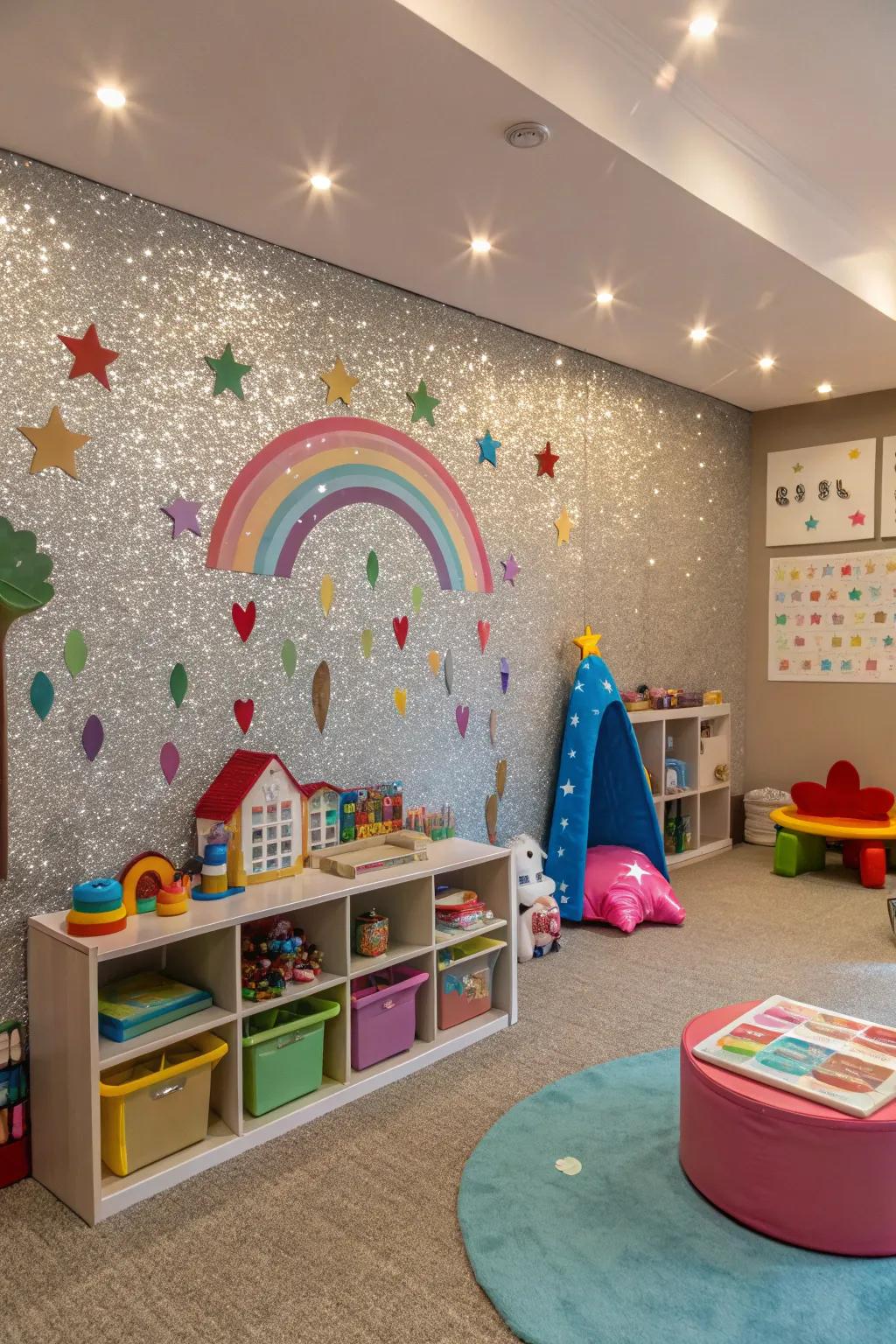 A <strong><em>glitter accent wall</em></strong> adds amusement to a children’s play area.” loading=”lazy” class=”pimg”>
	</picture><figcaption>A <strong><em>glitter accent wall</em></strong> adds amusement to a children’s play area.</figcaption></figure>
<p>Introduce a sprinkle of enjoyment to your child’s play area by using a <strong><em>glitter accent wall</em></strong>. It’s a happy addition that can make playtime even more thrilling.</p>
<h3>A few choices to try:</h3>
<ul class=