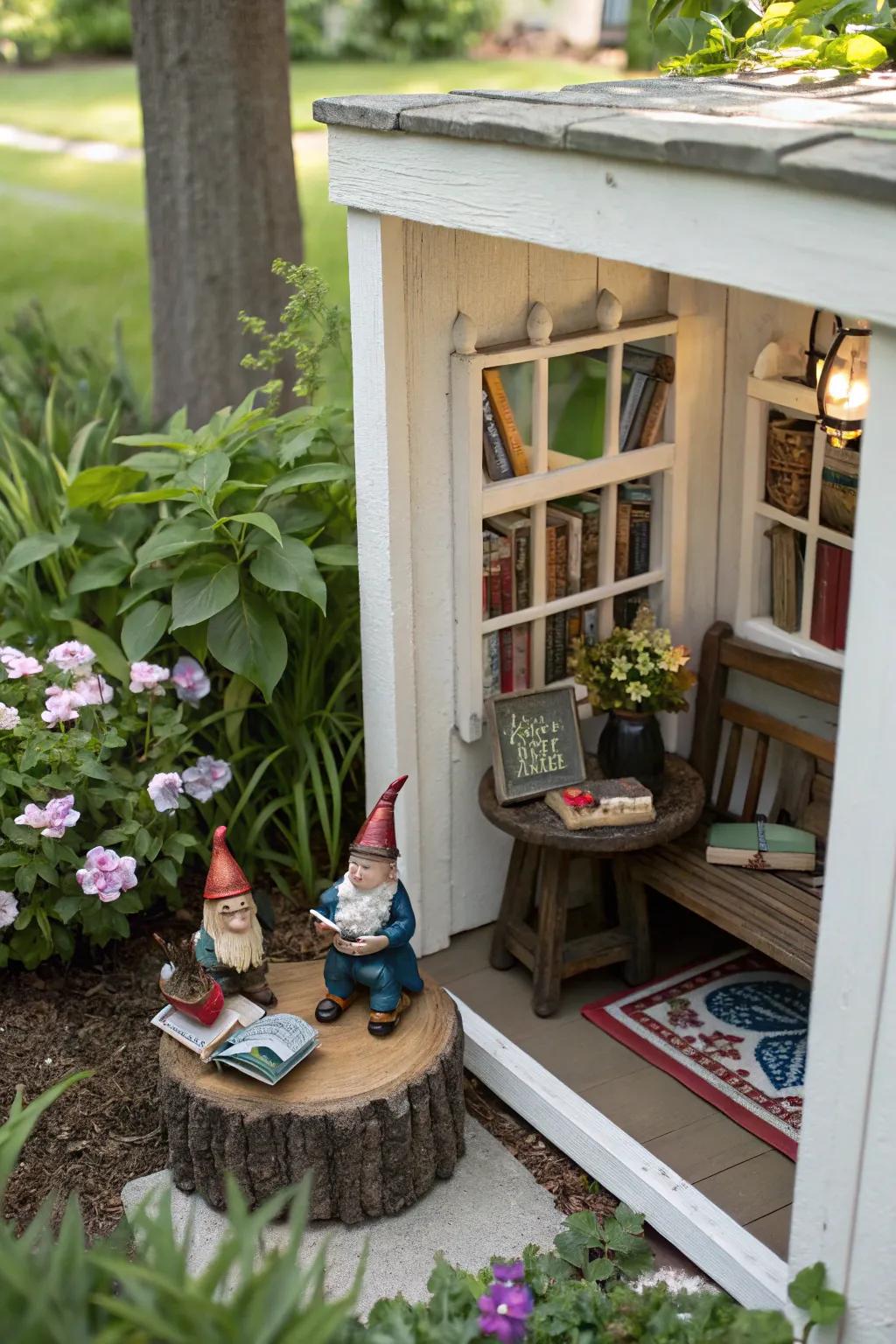 A snug gnome perusing nook for tranquil garden moments.