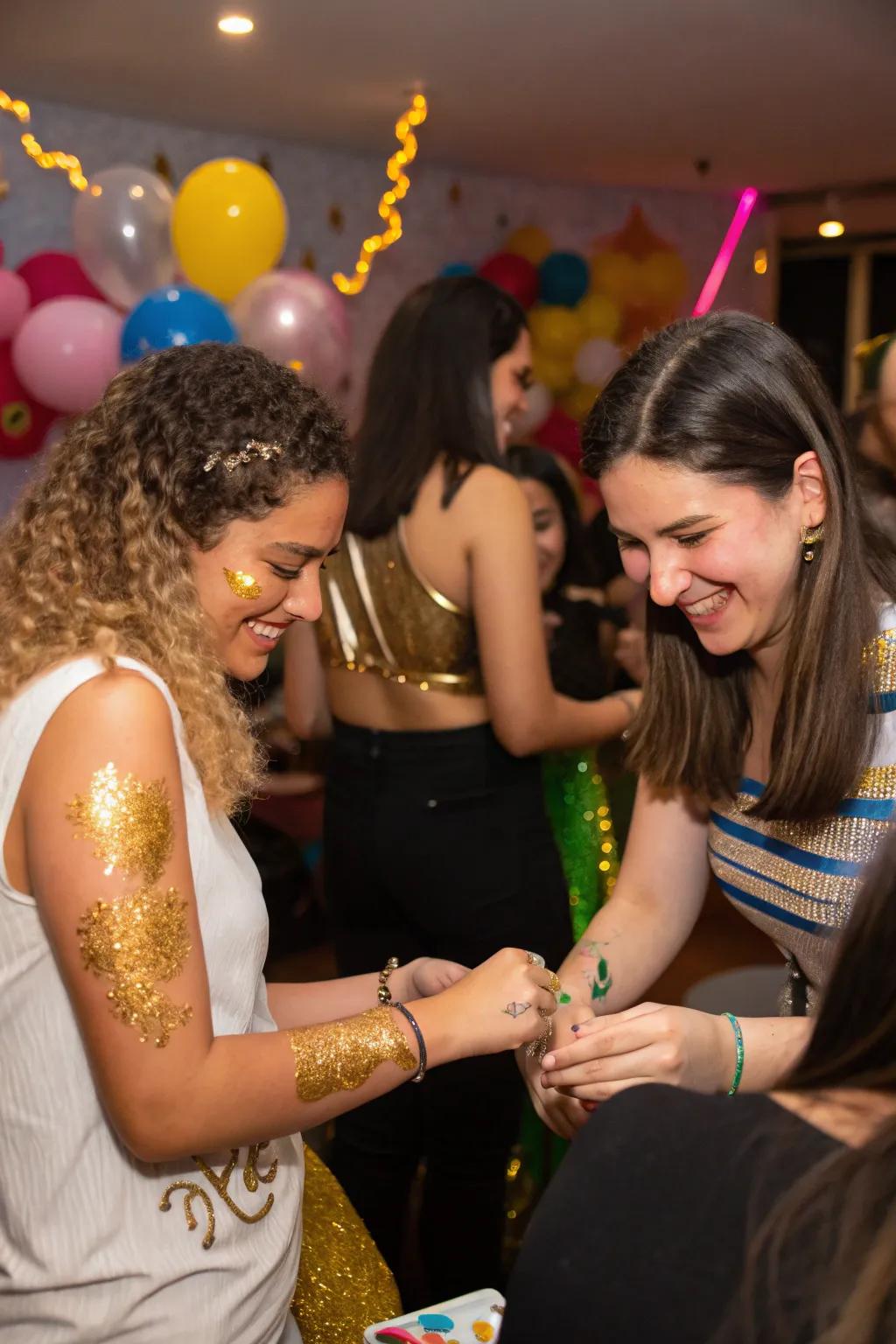 Guests adorned with playful gilded glitter art, enhancing the party fun.