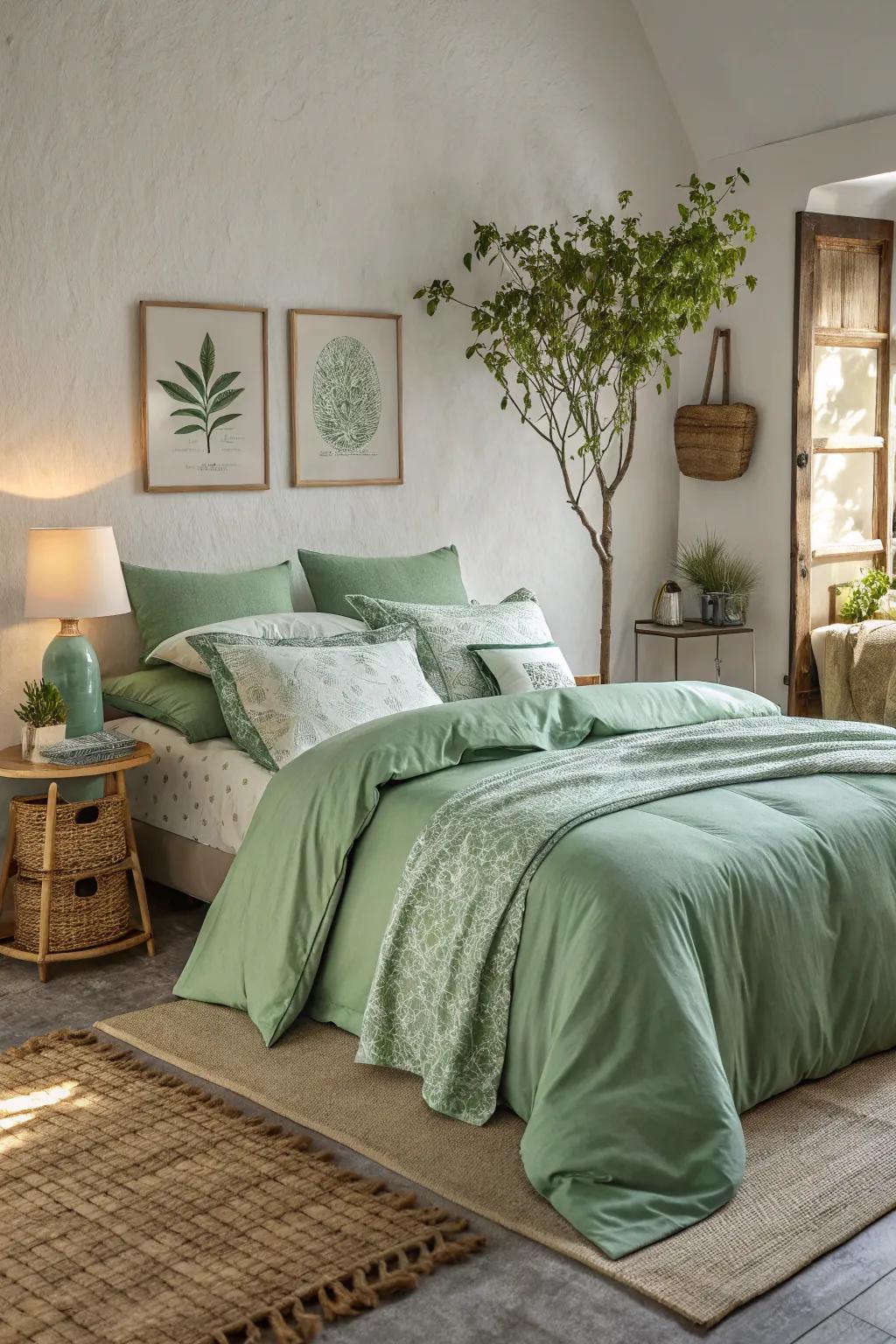 Green bedding makes for a tranquil and restorative atmosphere in this serene bedroom.