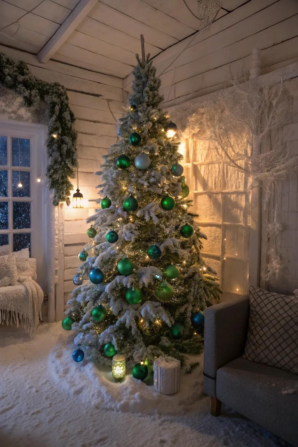 Frosty winter vibes with green and blue ornaments.