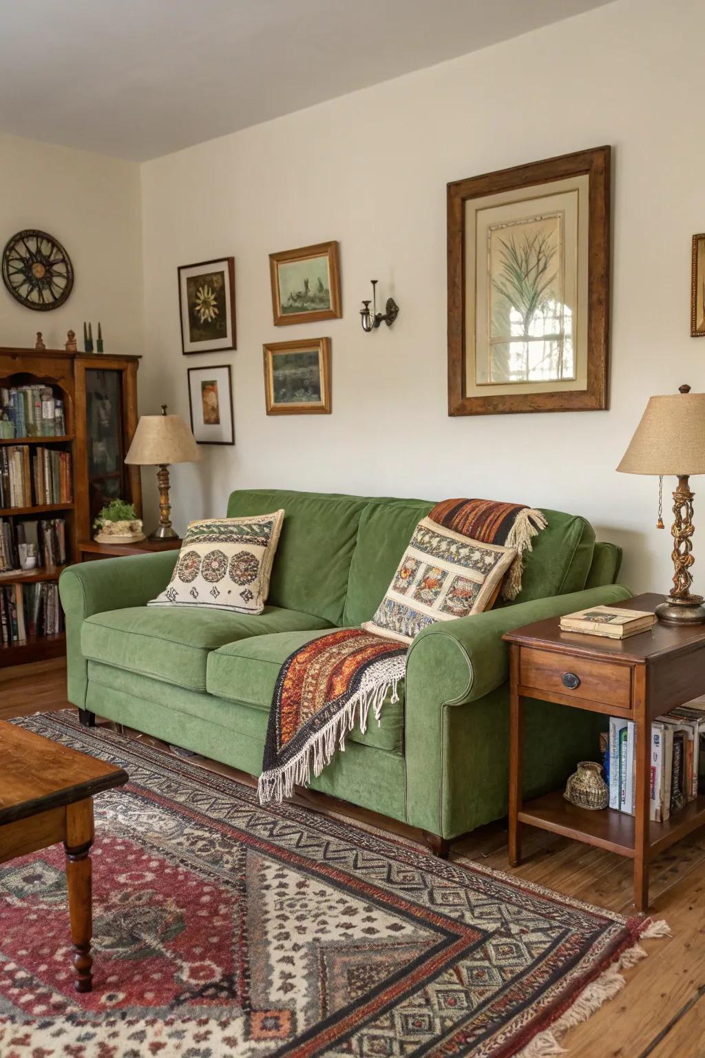 Vintage finds inject depth and individuality into a lounge with an emerald sofa.