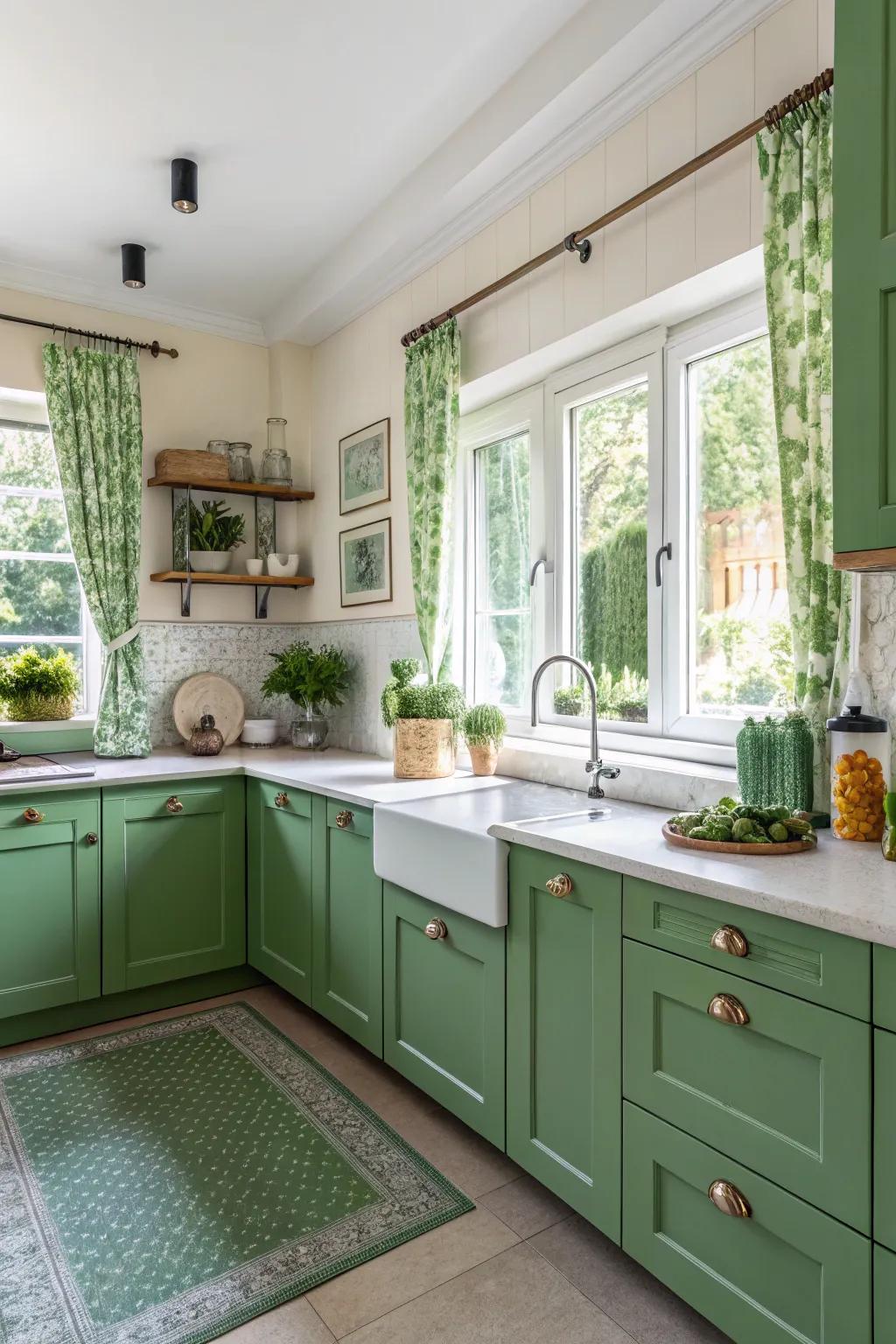 Verdant cabinets bring freshness to the kitchen.