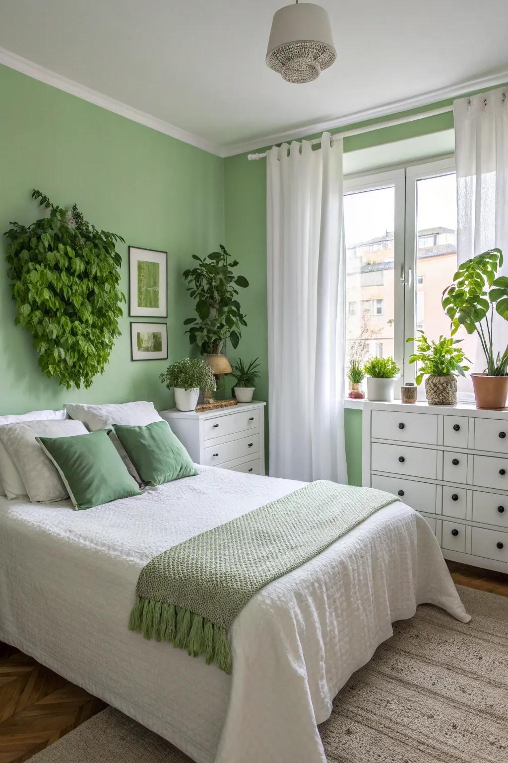 A fresh and clean bedroom with a harmonious green and white style.