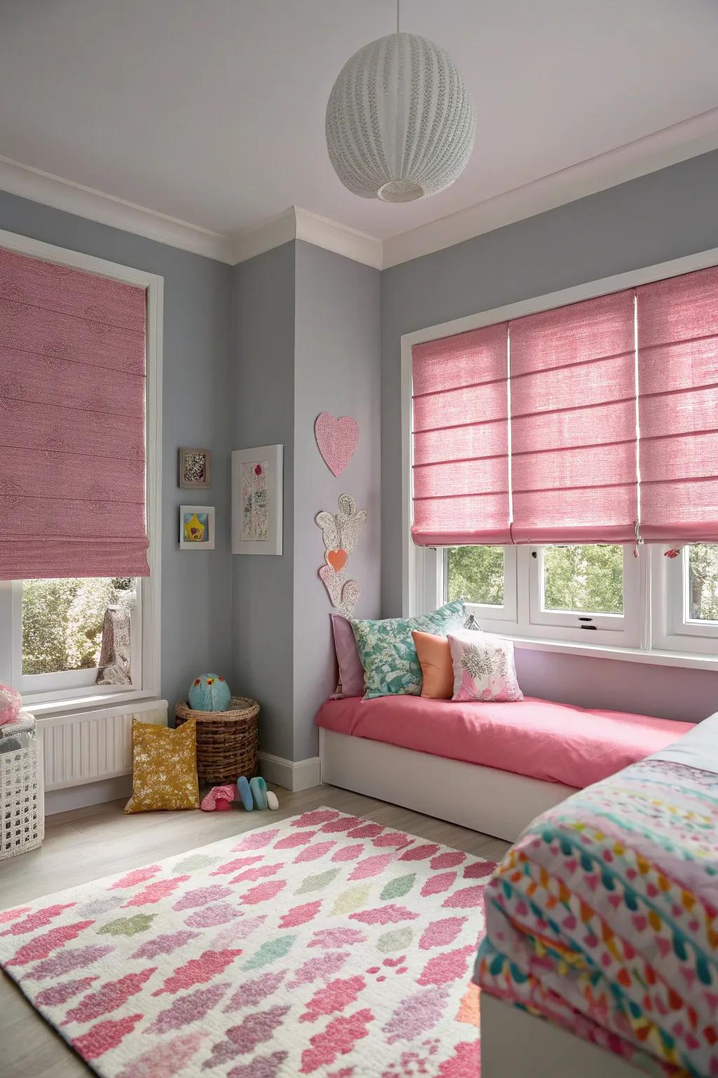 Pink blinds add a playful twist to a grey and pink decor scheme.