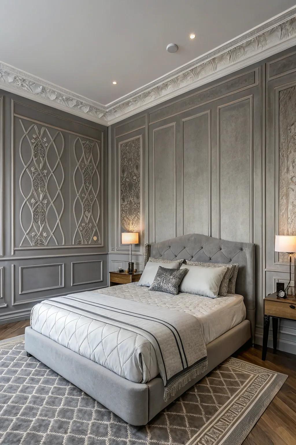 Grey wainscoting introduces elegance and texture.