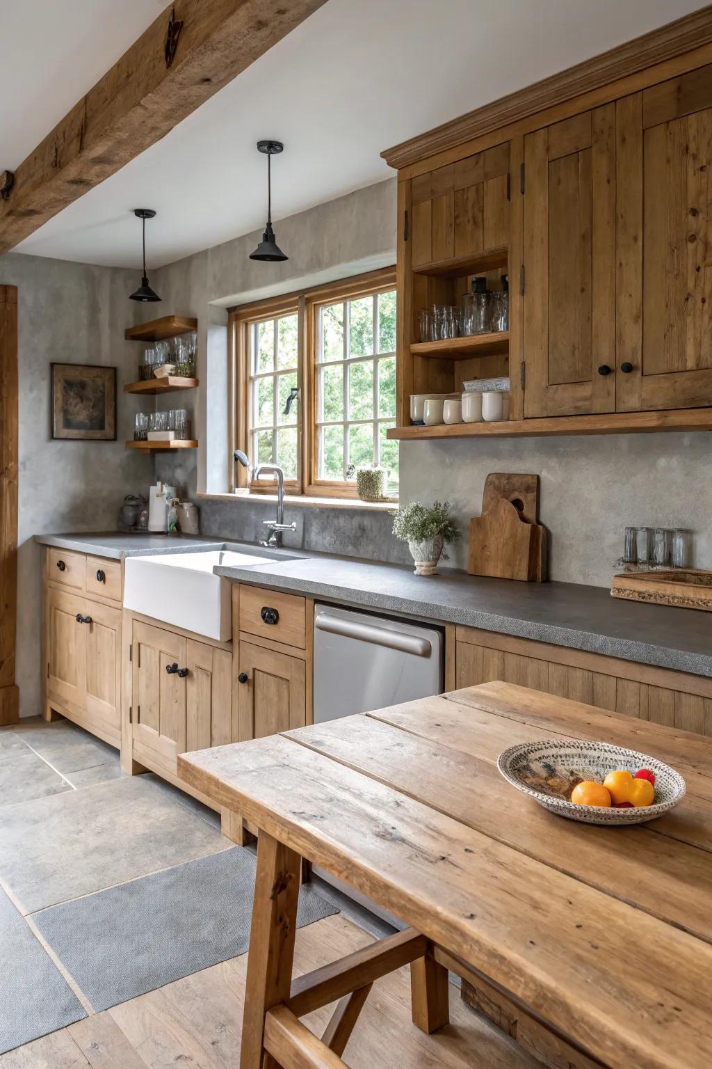 A rustic cooking area with a modern inflection, featuring grey surfaces.