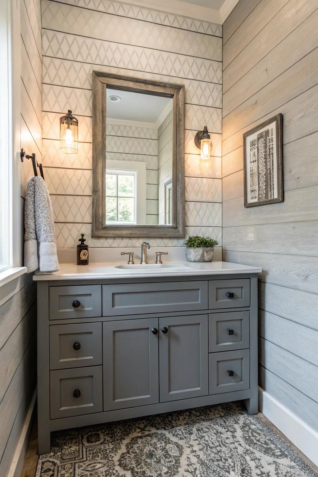 Textured walls append profundity and enhance the charcoal washstand beautifully.