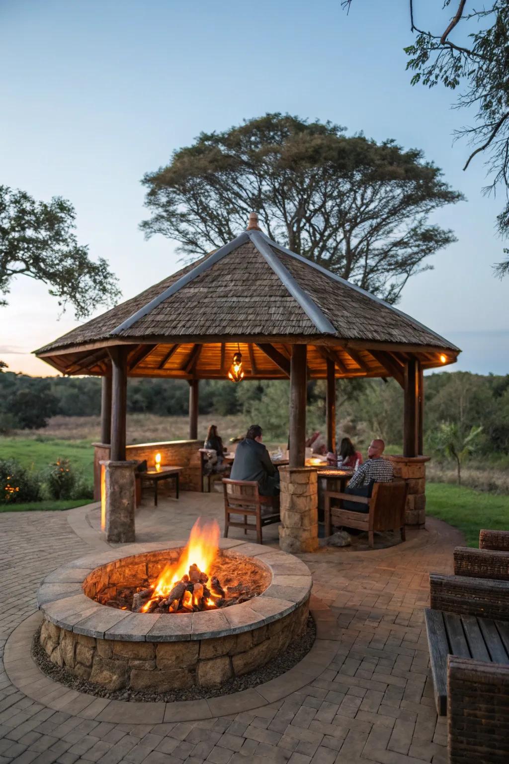 A barbecue shelter featuring a central fire pit for warmth and community.