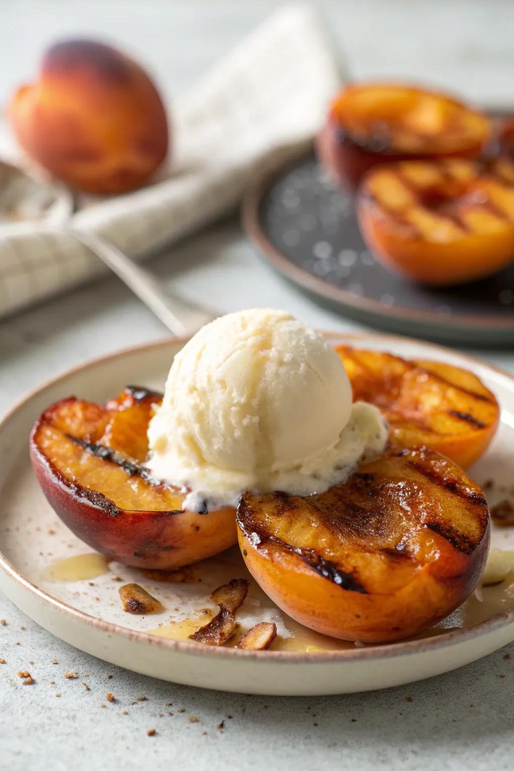 Open-flame cooked peaches are a sublime summer dessert.