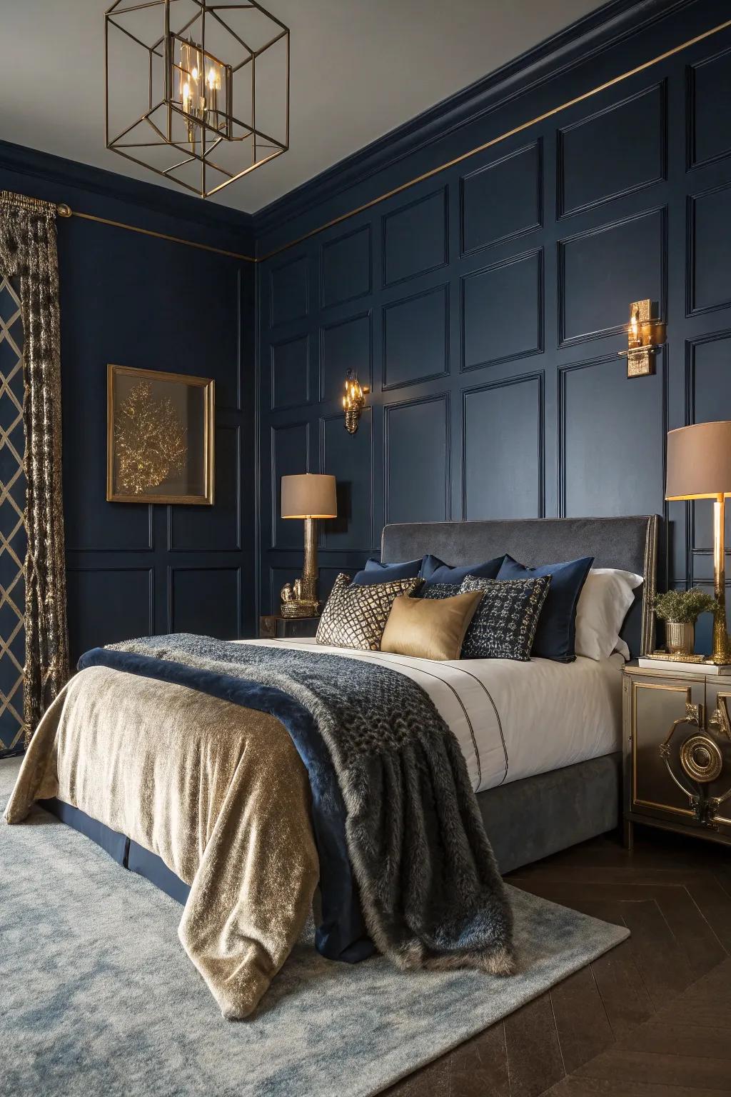 A guest room featuring profound navy walls for an elegant touch.