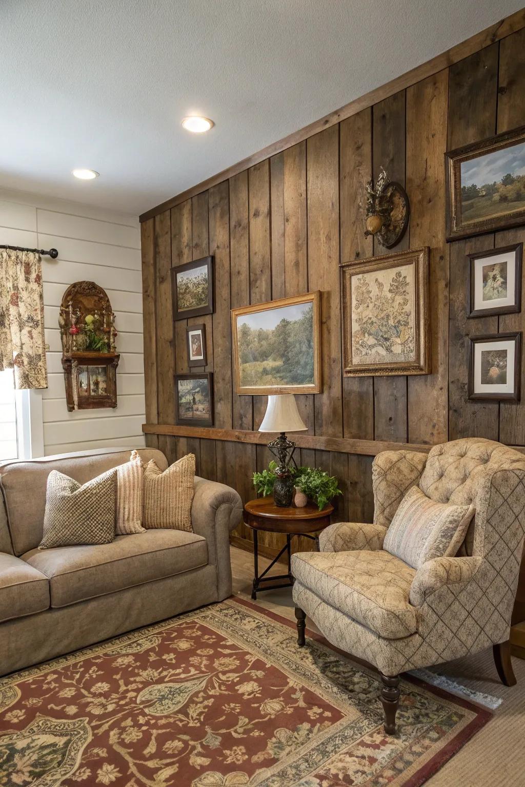 Evoke nostalgia through the use of distressed wood paneling.