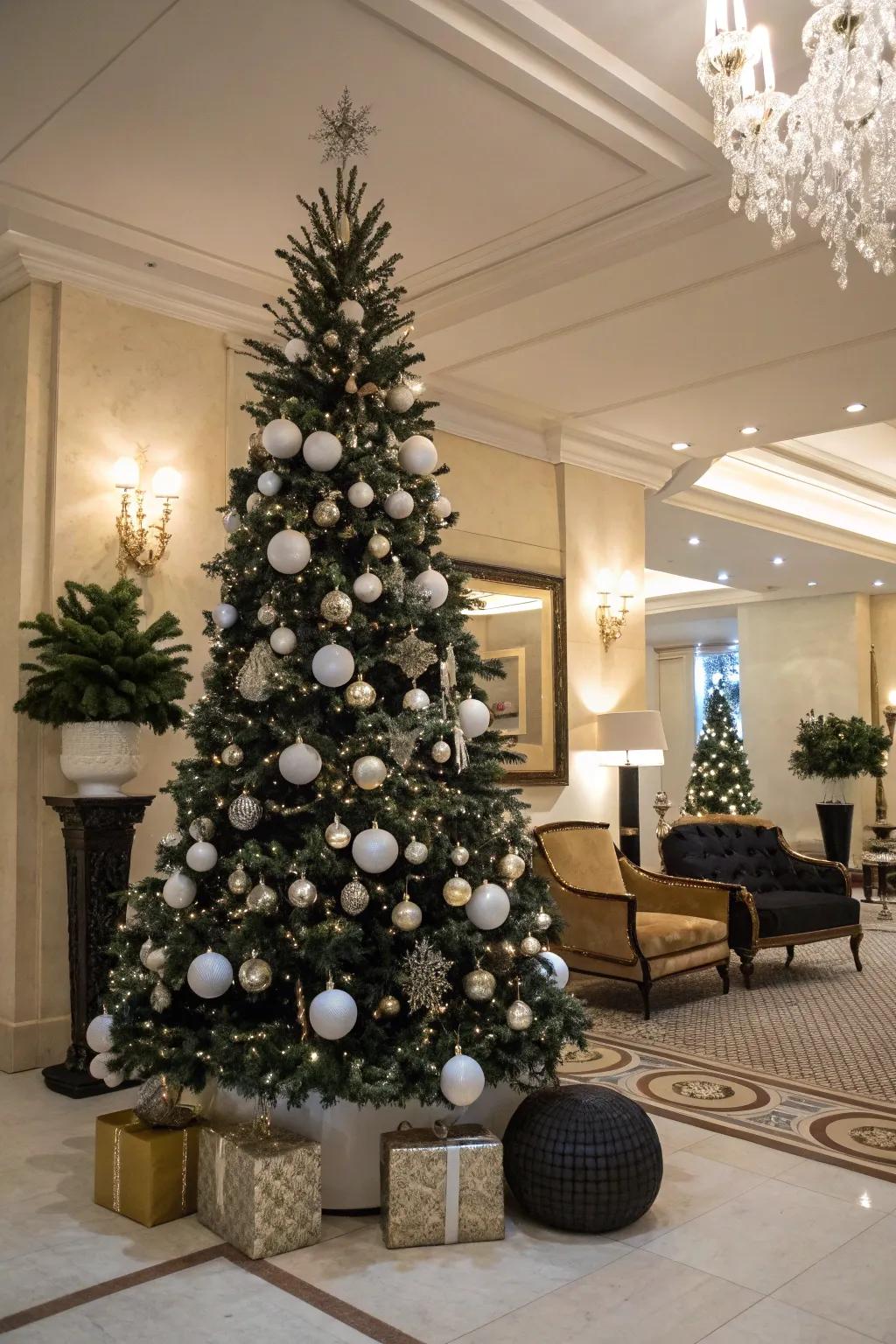 An elegant Halloween tree featuring a monochrome color scheme.