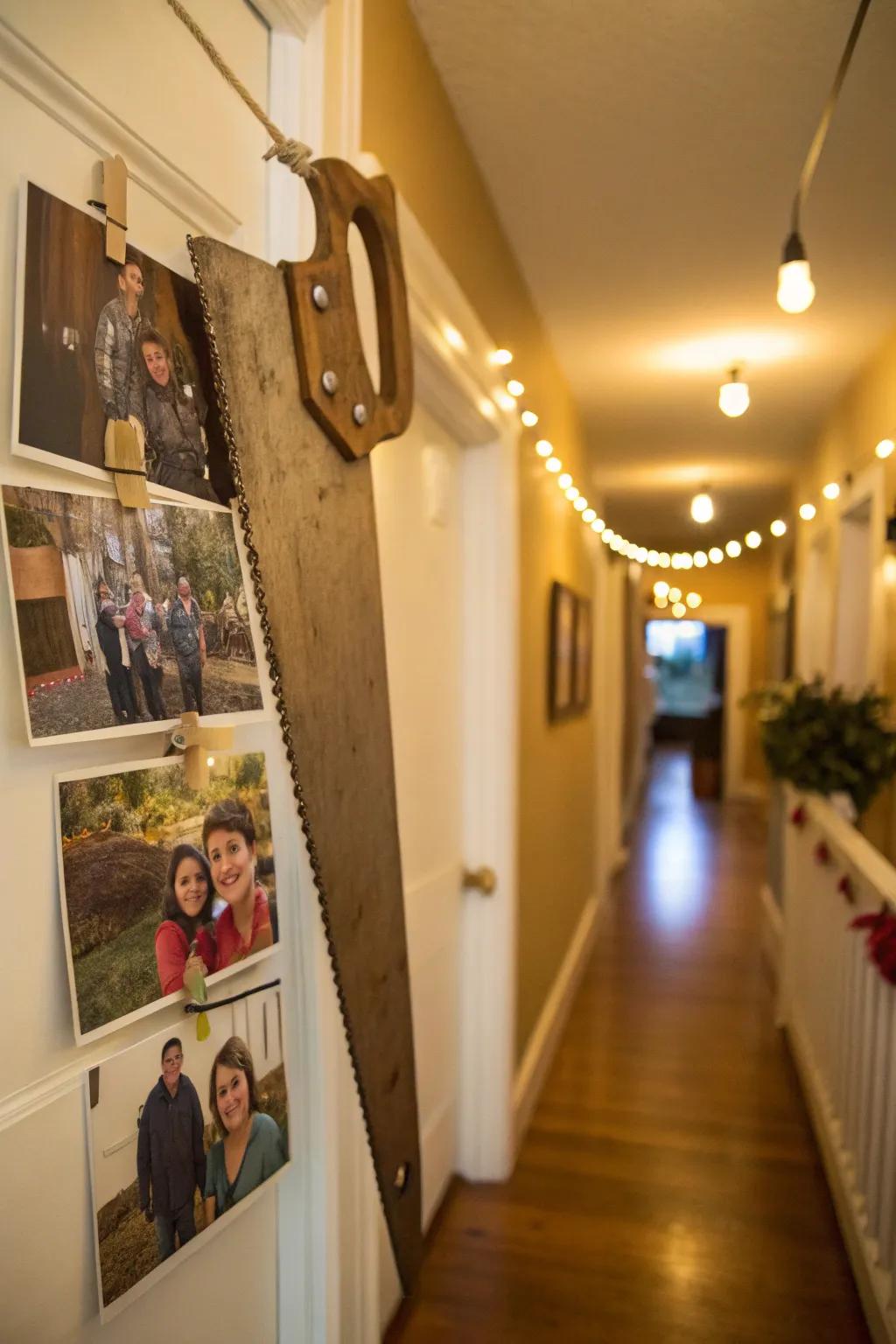 A rustic-looking photo display featuring a vintage handsaw.