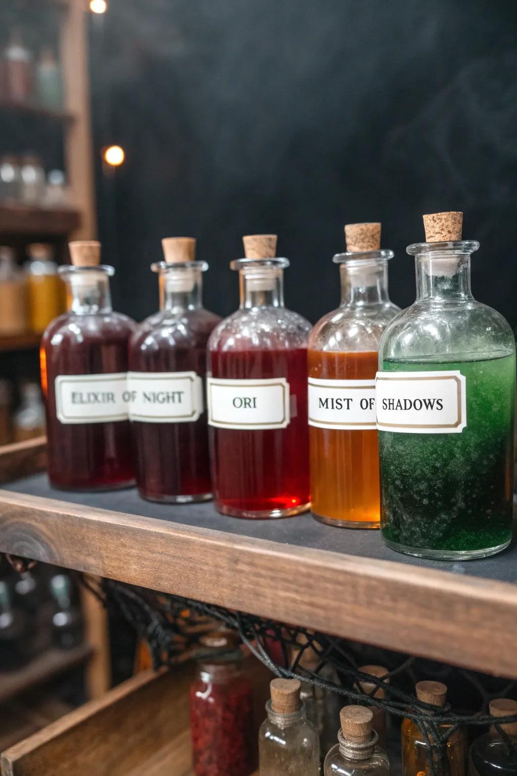 Design a mysterious display with potion flasks and eerie labels.