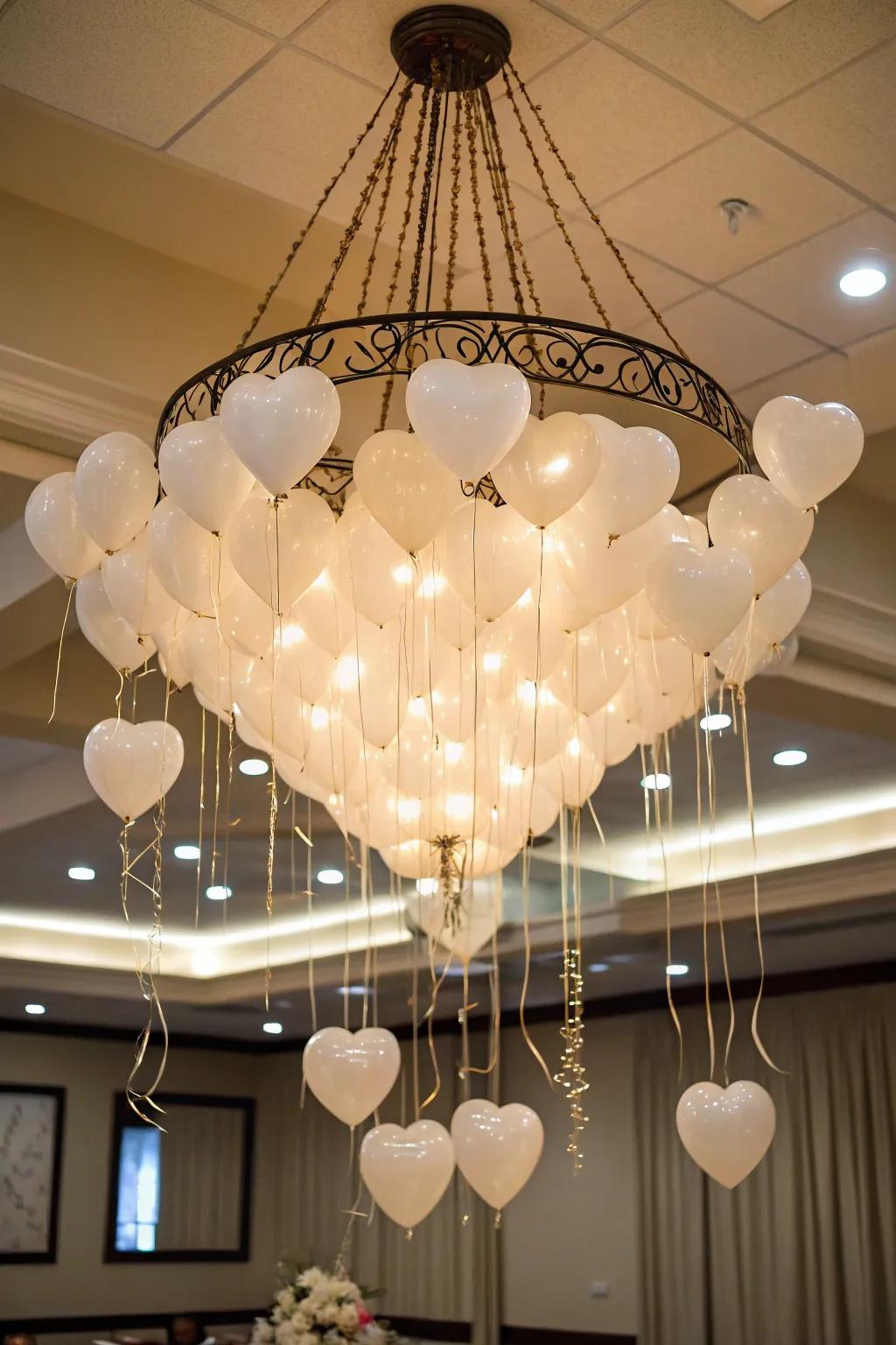 A playful heart airbag chandelier adds whimsy.