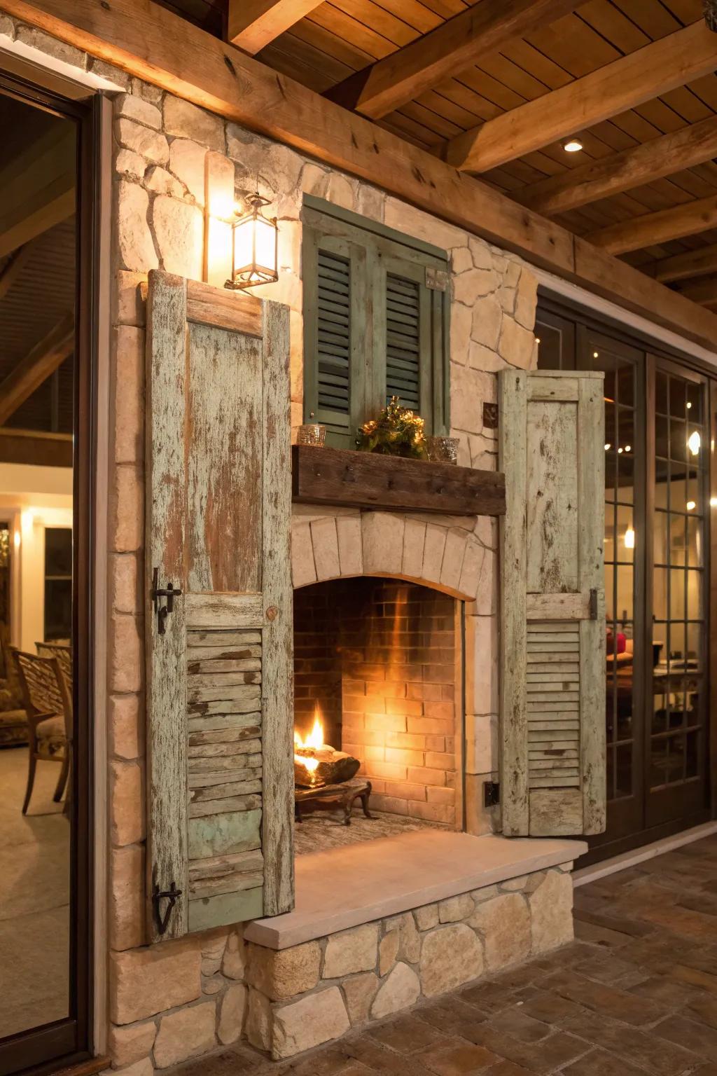 Rustic shutters introduce a farmhouse feel to your hearth.