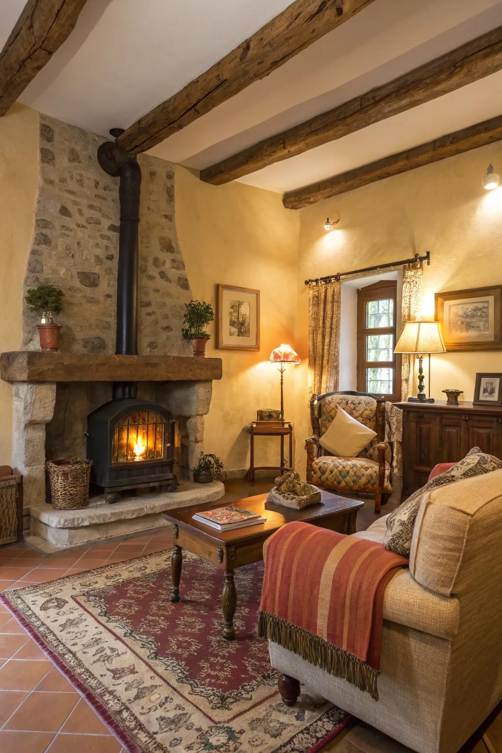 A classic interior displaying a stonework heater that offers both function and decoration.
