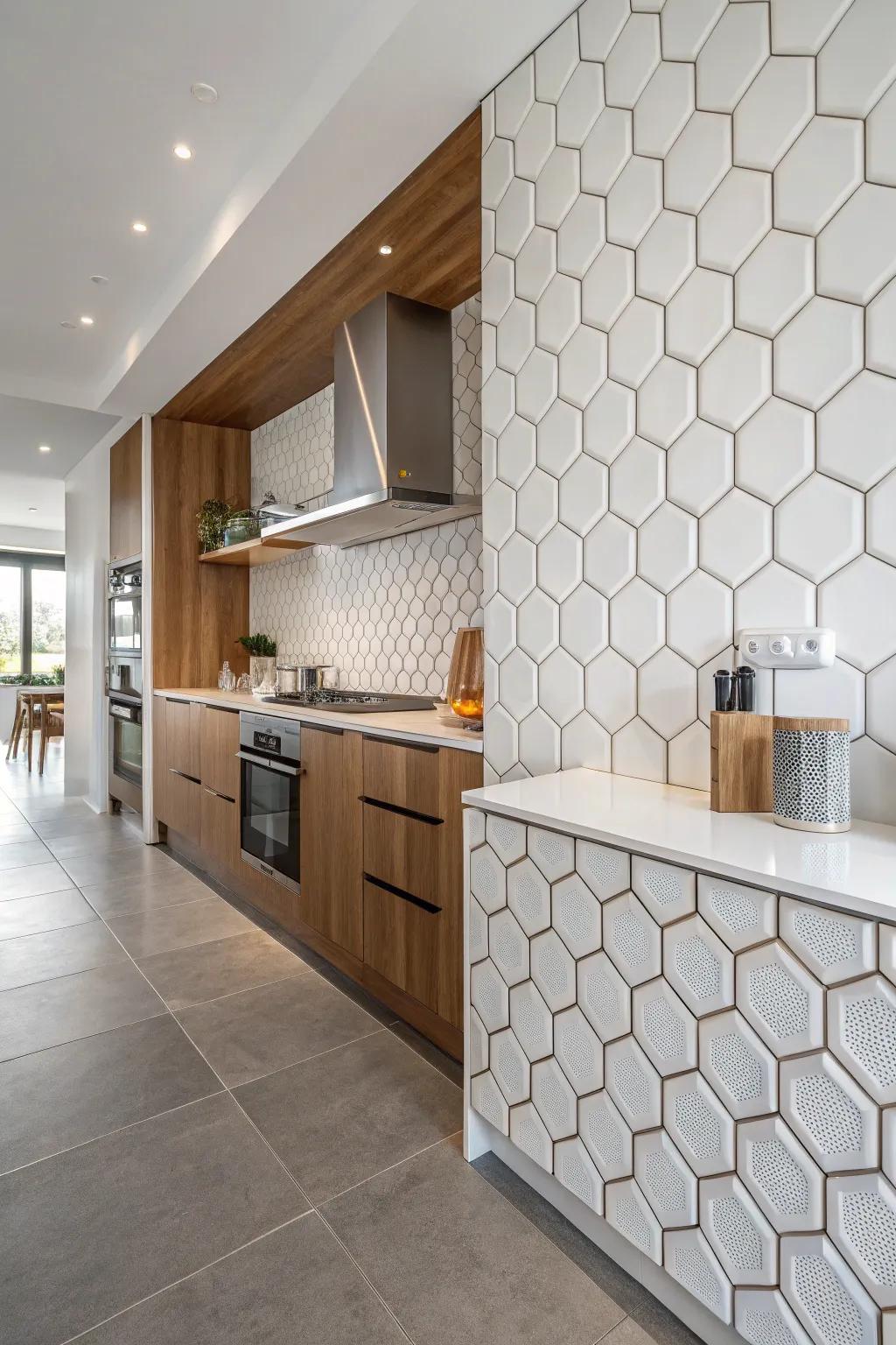 Three-dimensional hexagon tiles create a dynamic visual effect.