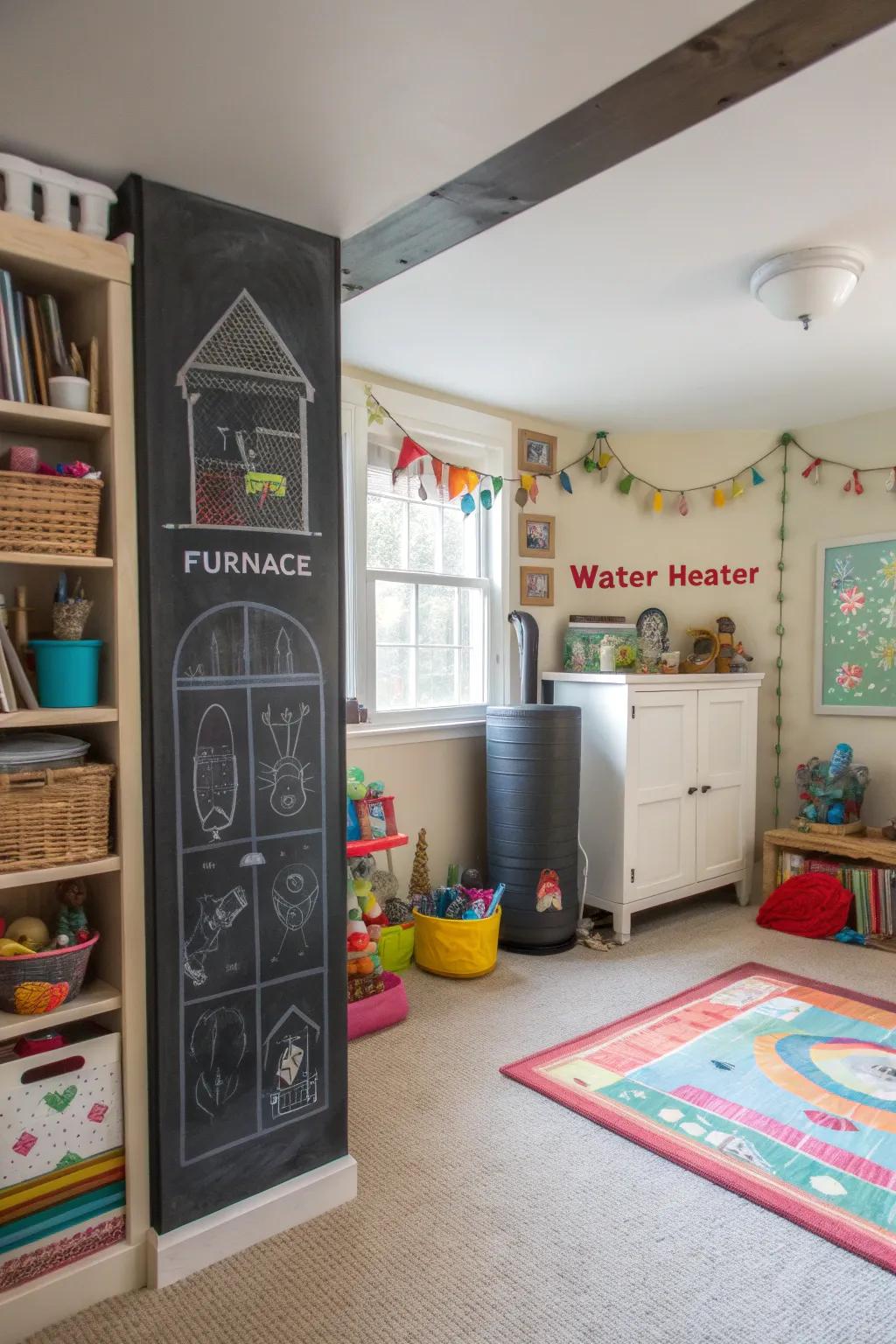 Chalkboard panels making a utility cover interactive.