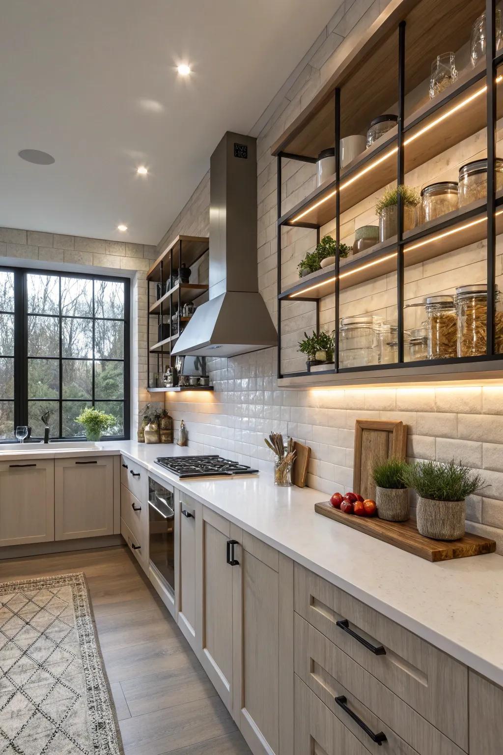Backsplash featuring integrated shelves maximizes usefulness.