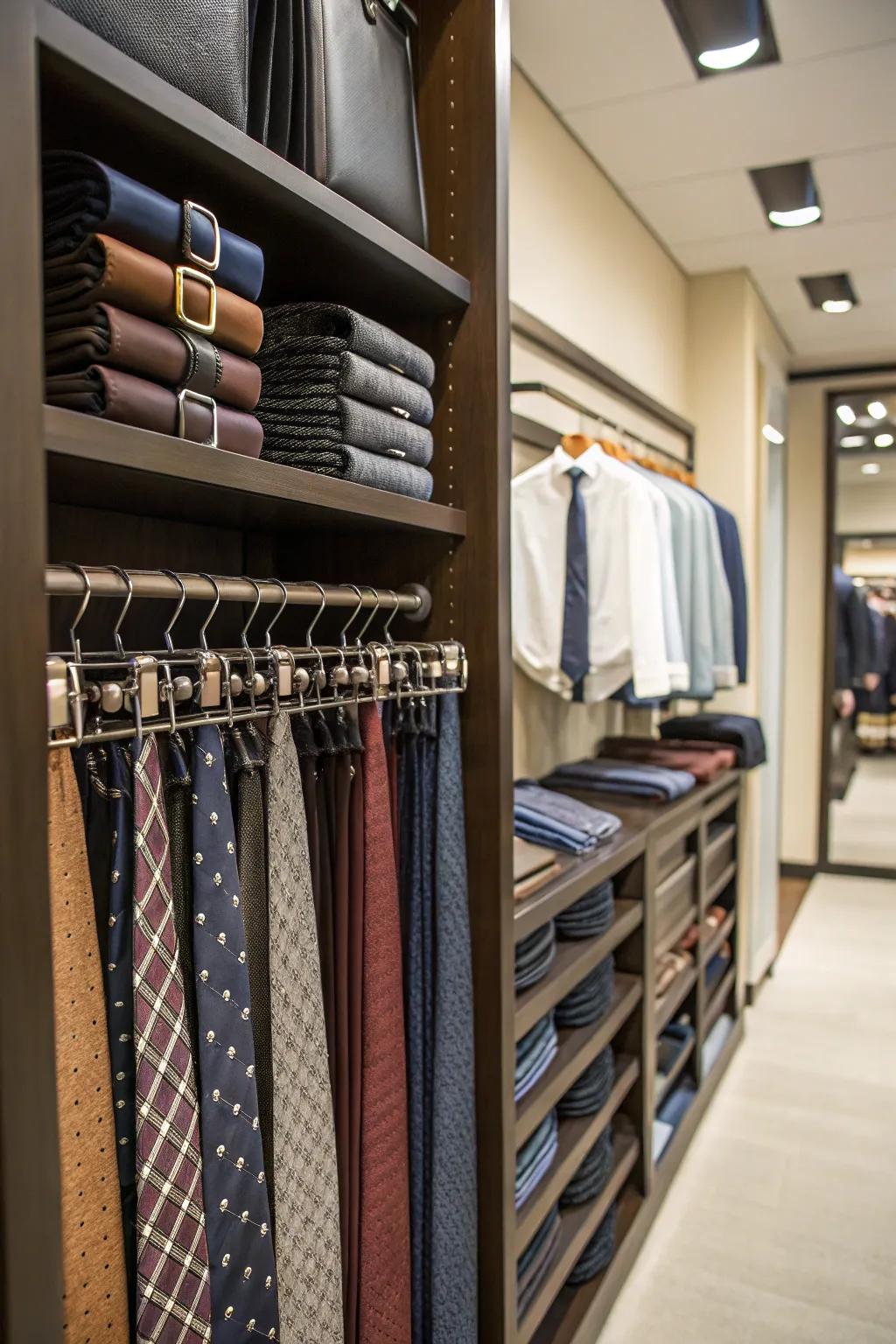 Keep ties and belts tidily arranged with dedicated racks.