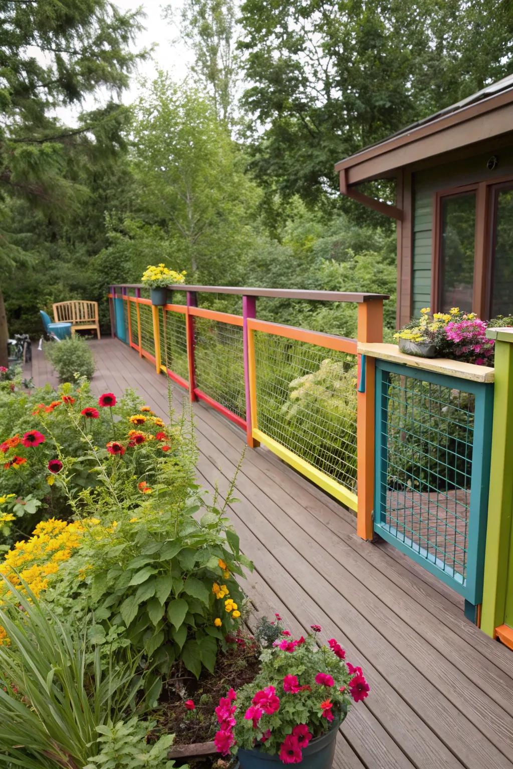 Colorful frames add a playful and unique touch to deck railings.