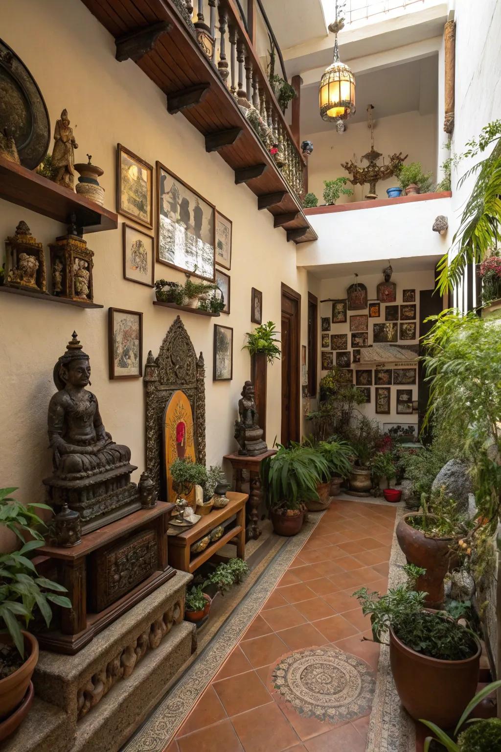 Cultural features adding depth and character to a sun court.