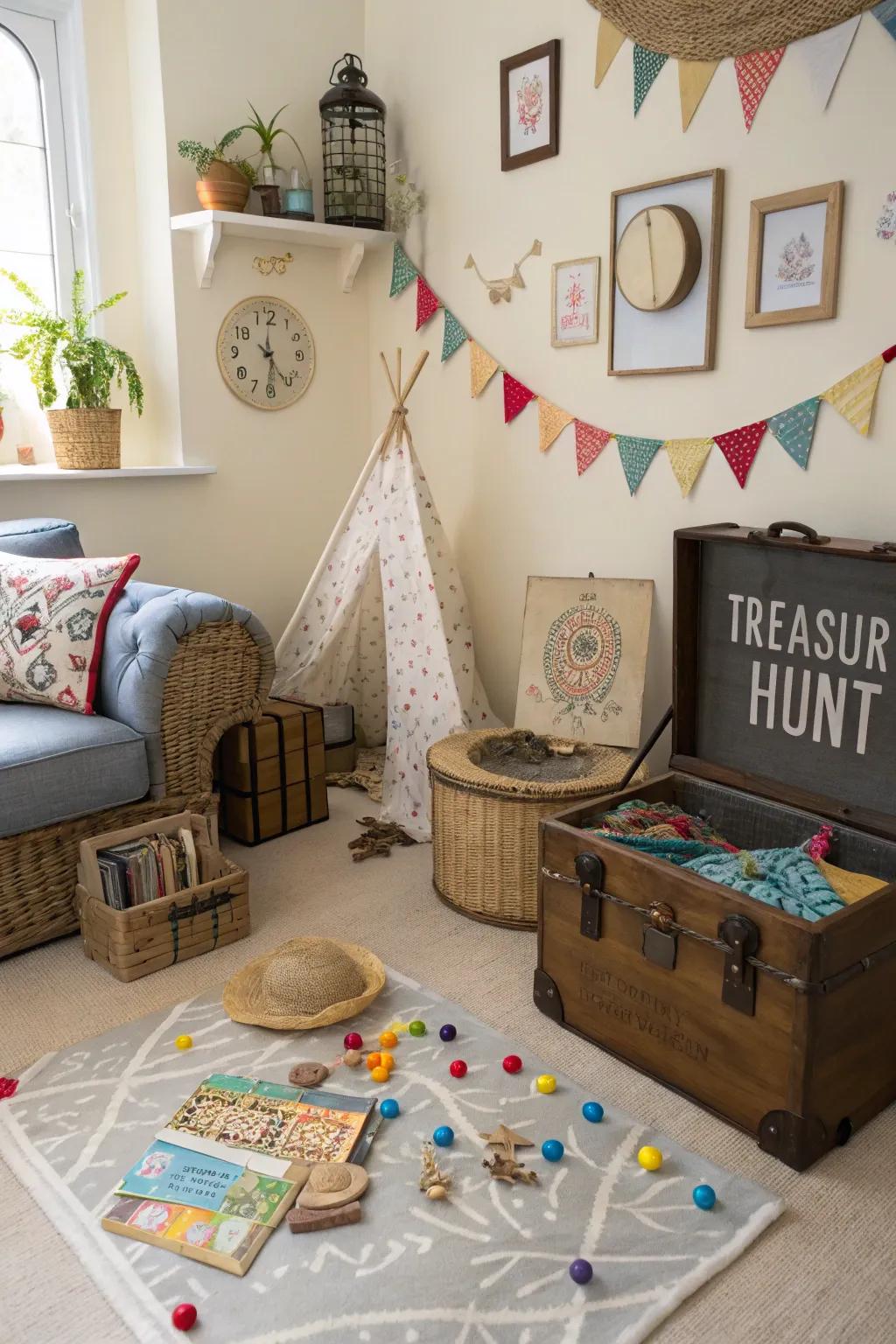 A thrilling scavenger hunt setup that introduces a sense of adventure to the celebration.