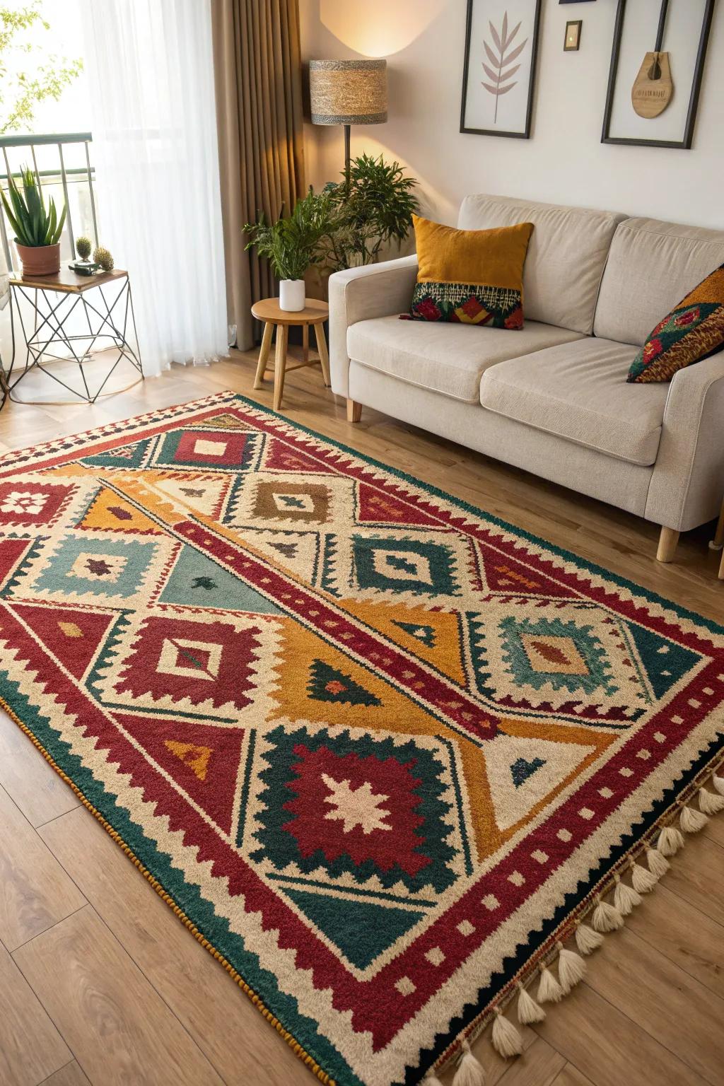 A living room enhanced by a striking geometric rug.