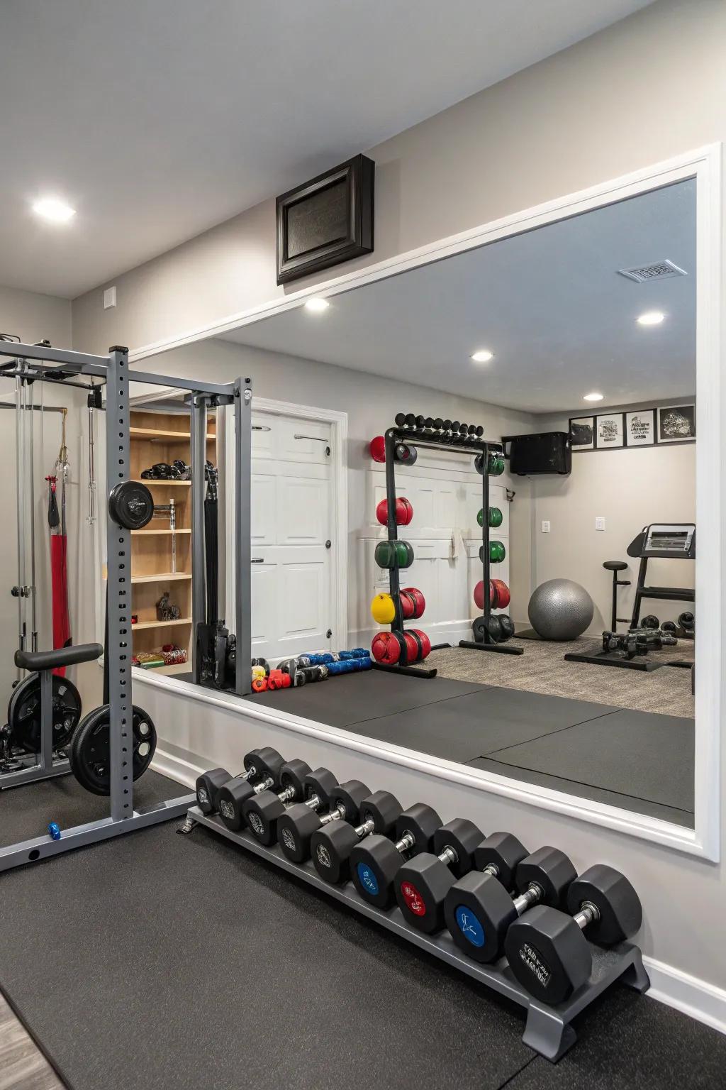 This compact gym makes the most of its area with horizontal mirrors.