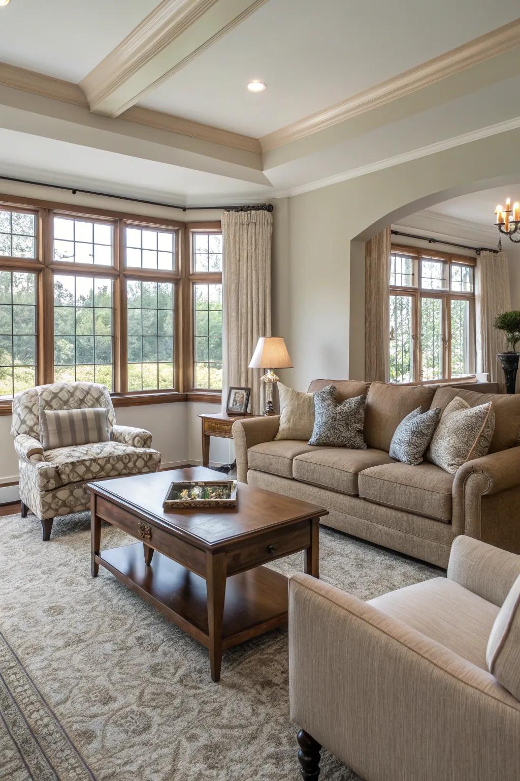 Deliberate furniture arrangement betters flow and solace.