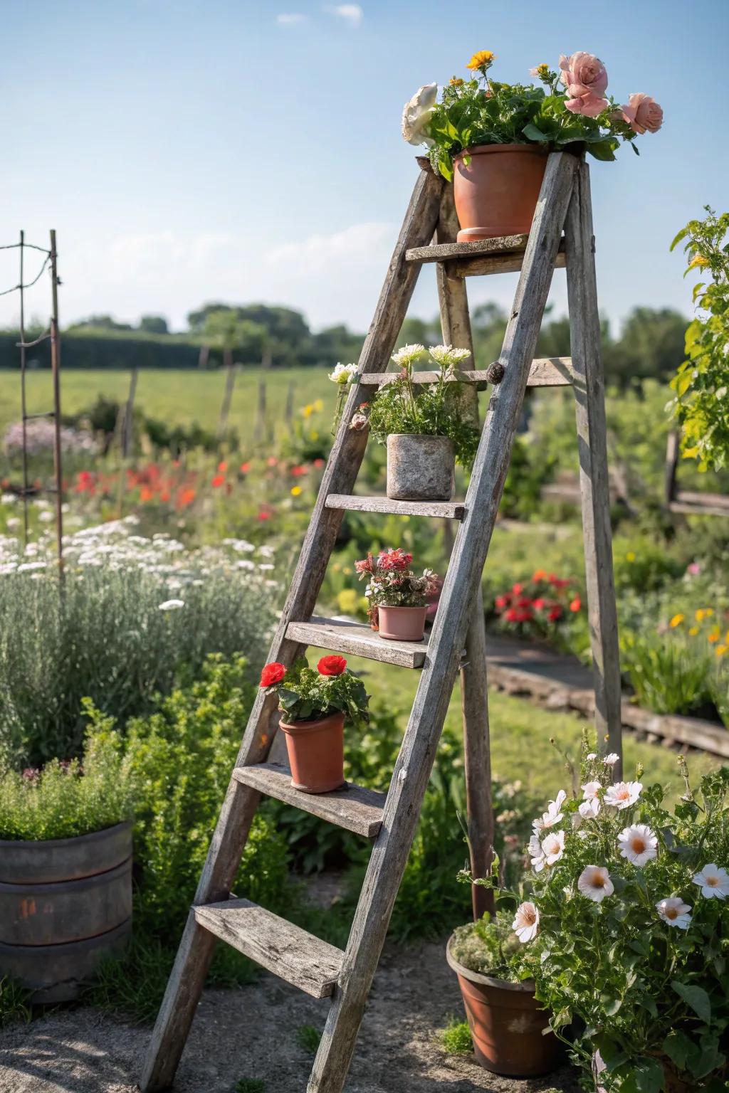 To make a distinctive plant stand, use a vintage ladder.